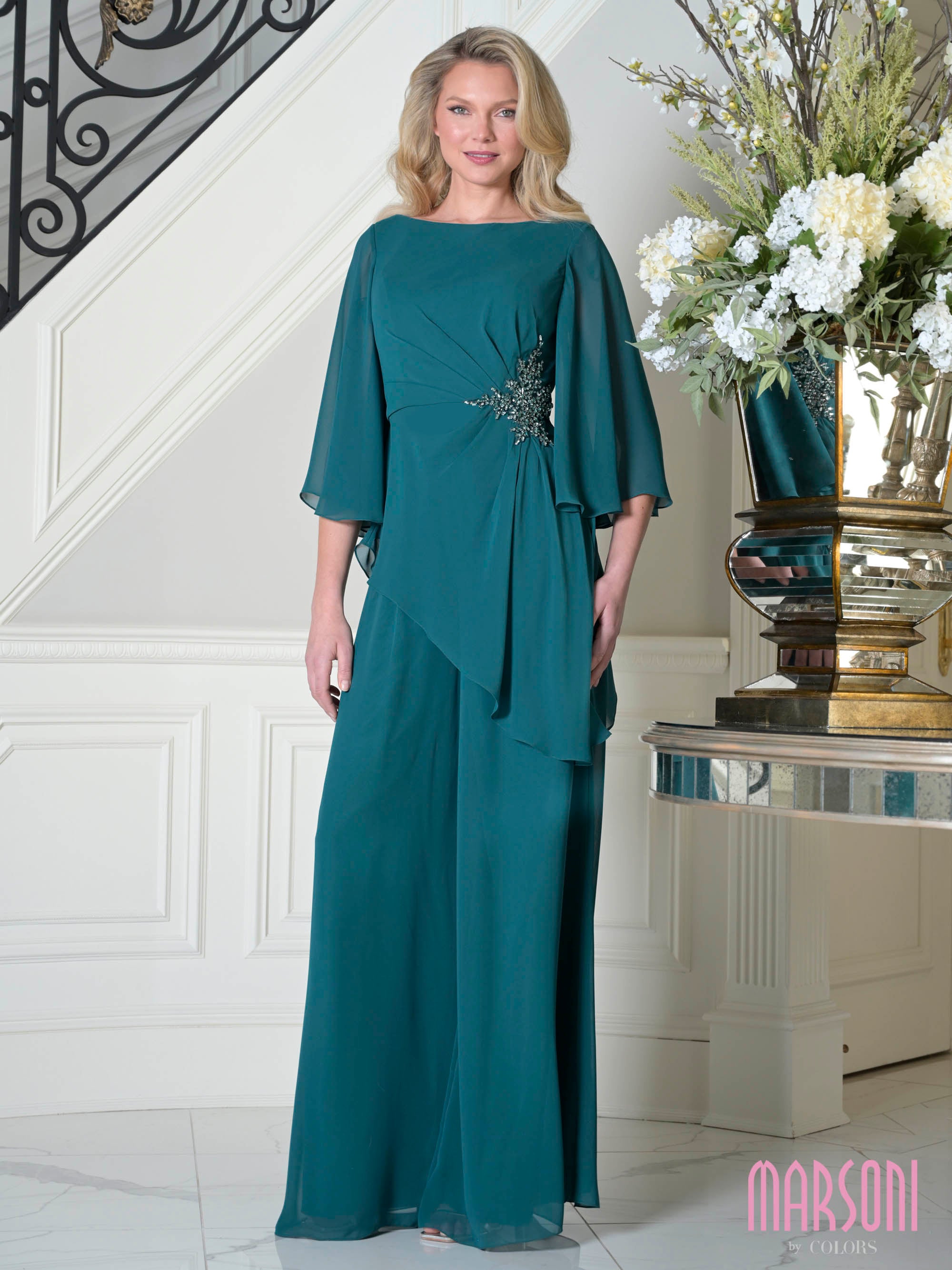 Deep Green Boat Neck Floor-Length Chiffon Formal Jumpsuit J36Cape Sleeves and Crystal Marsoni MV1411