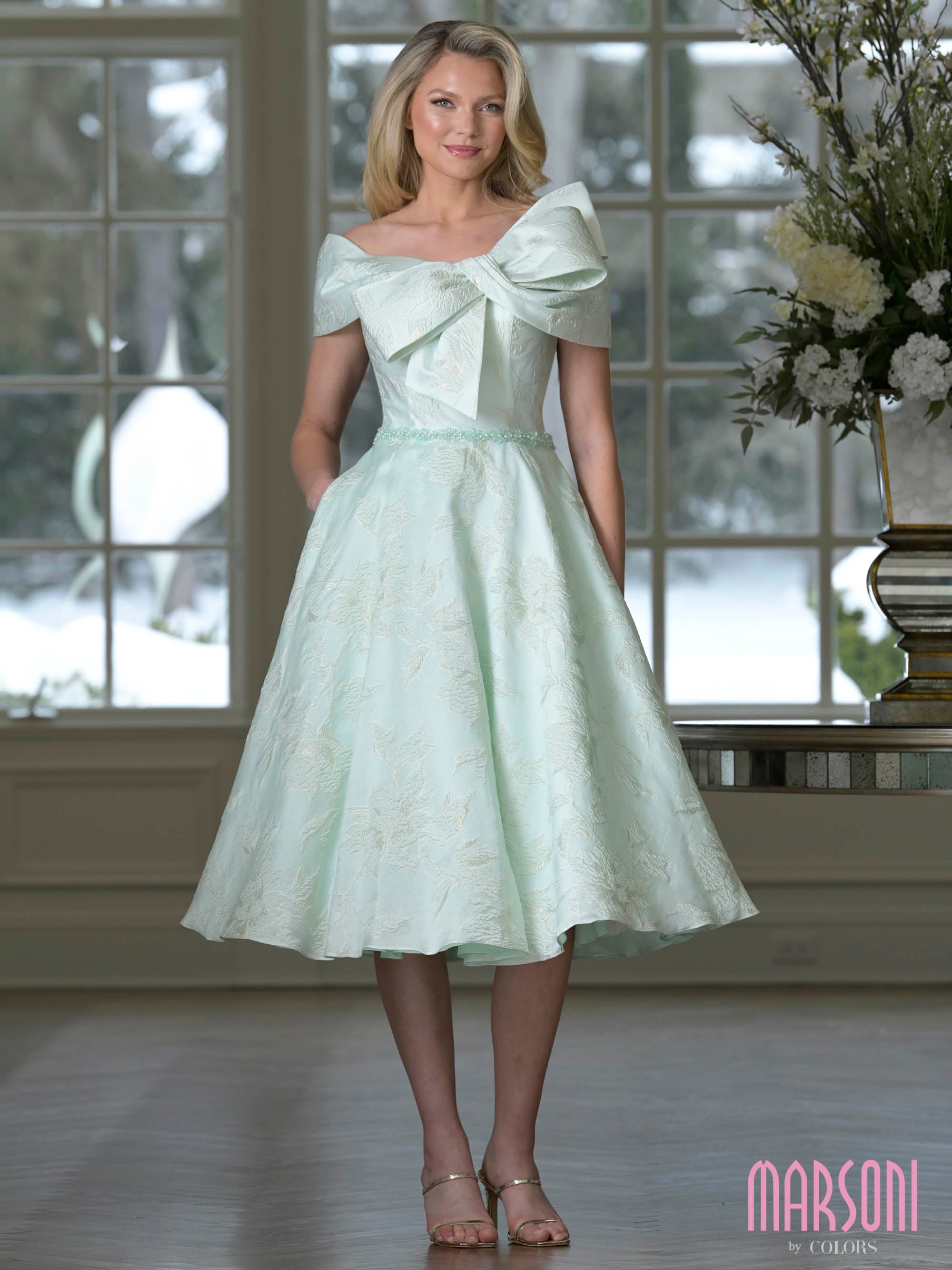 Mint Off-the-Shoulder Tea-Length Floral Brocade Cocktail Dress Statement Bow and Beaded Waist Marsoni MV1412