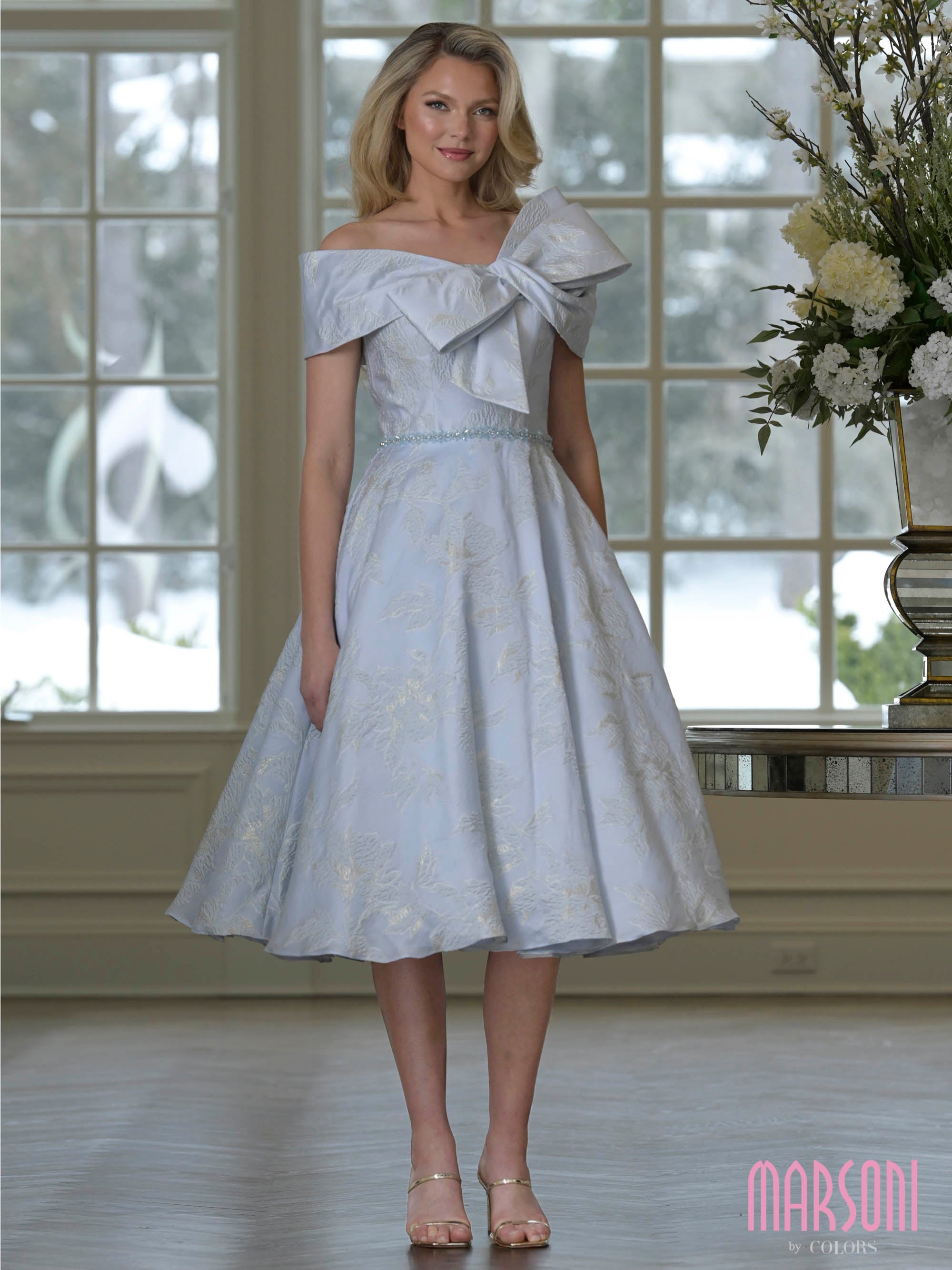 Powder Blue Off-the-Shoulder Tea-Length Floral Brocade Cocktail Dress Statement Bow and Beaded Waist Marsoni MV1412