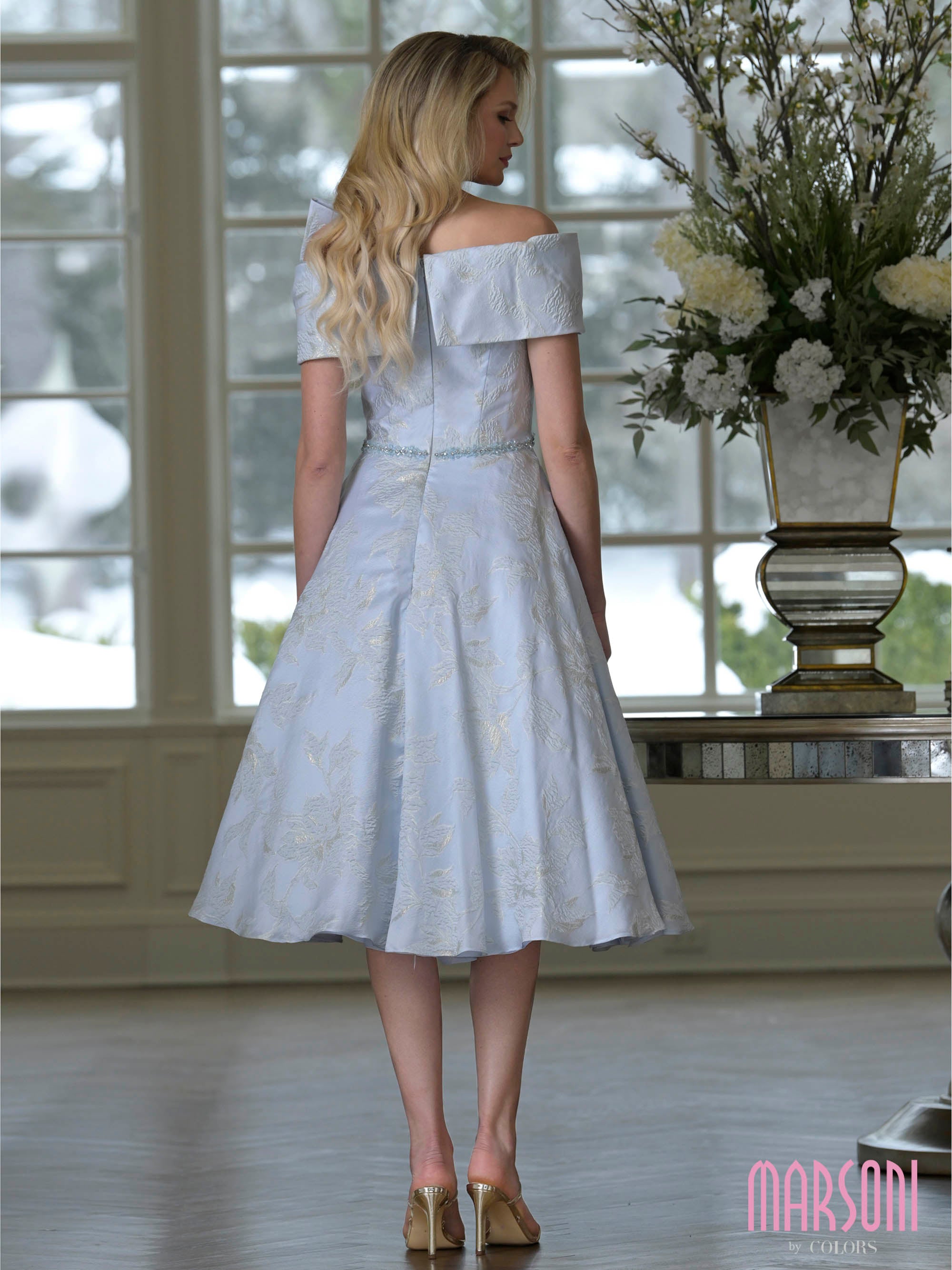 Powder Blue Off-the-Shoulder Tea-Length Floral Brocade Cocktail Dress Statement Bow and Beaded Waist Marsoni MV1412