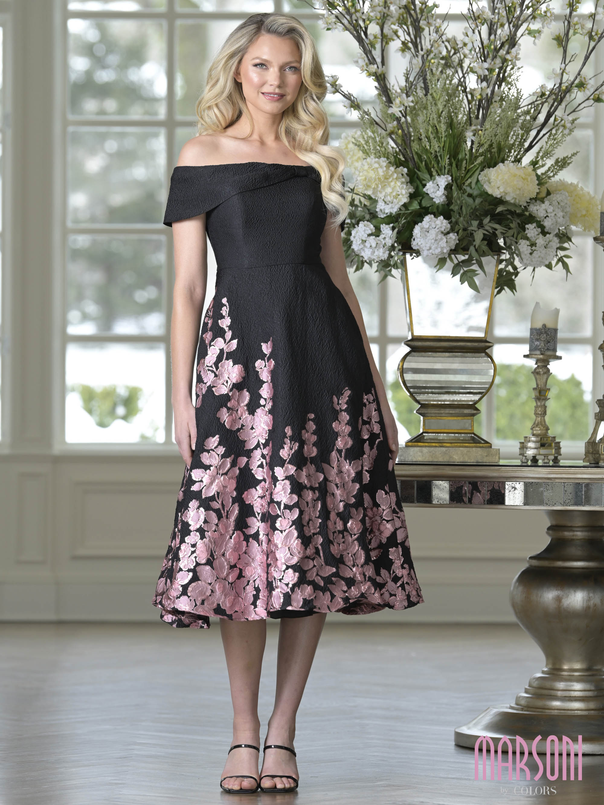 Rose Black Off-the-Shoulder Midi-Length Floral Brocade Cocktail Dress Border Print Marsoni MV1414