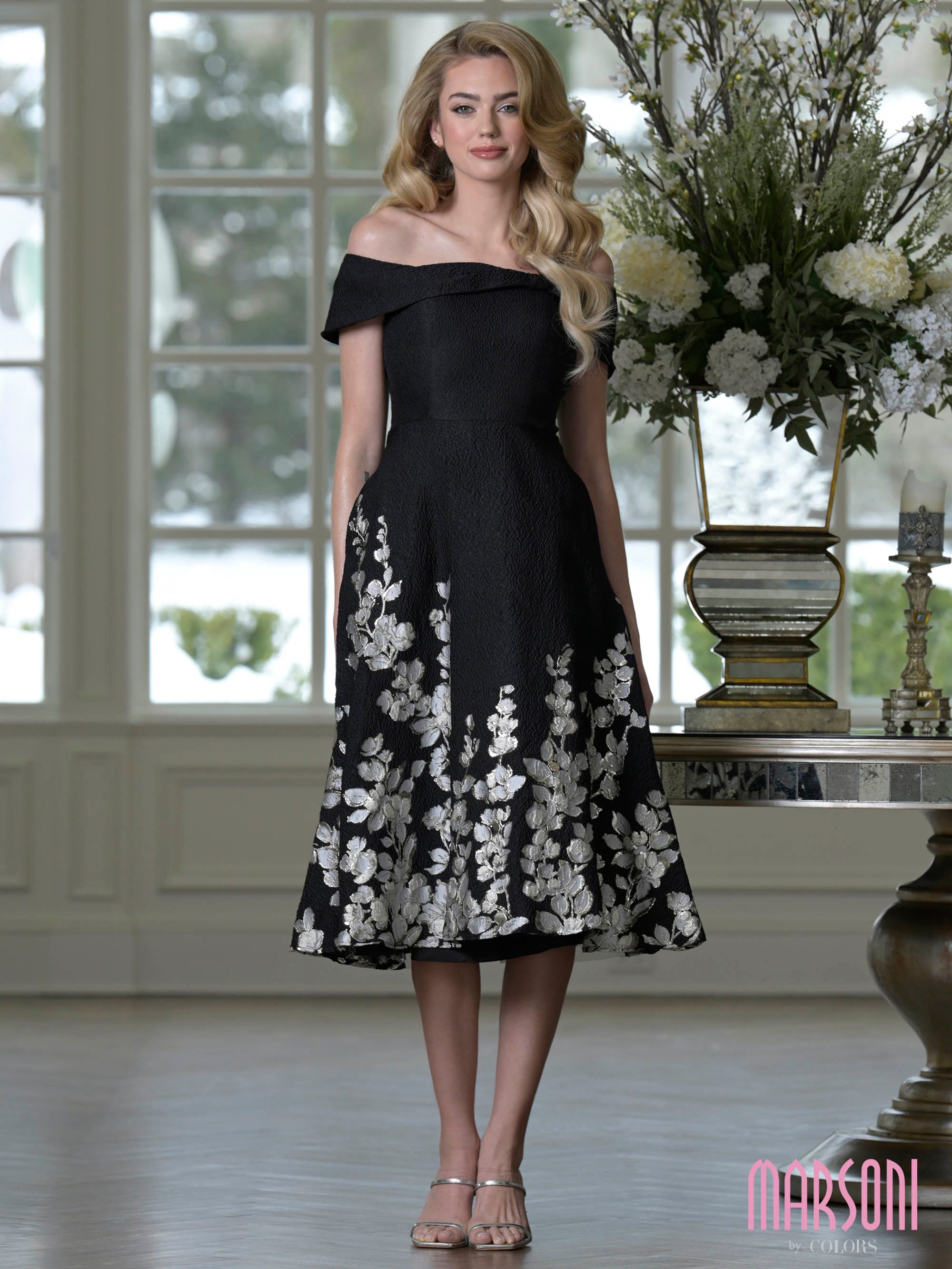 Silver Black Off-the-Shoulder Midi-Length Floral Brocade Cocktail Dress Border Print Marsoni MV1414