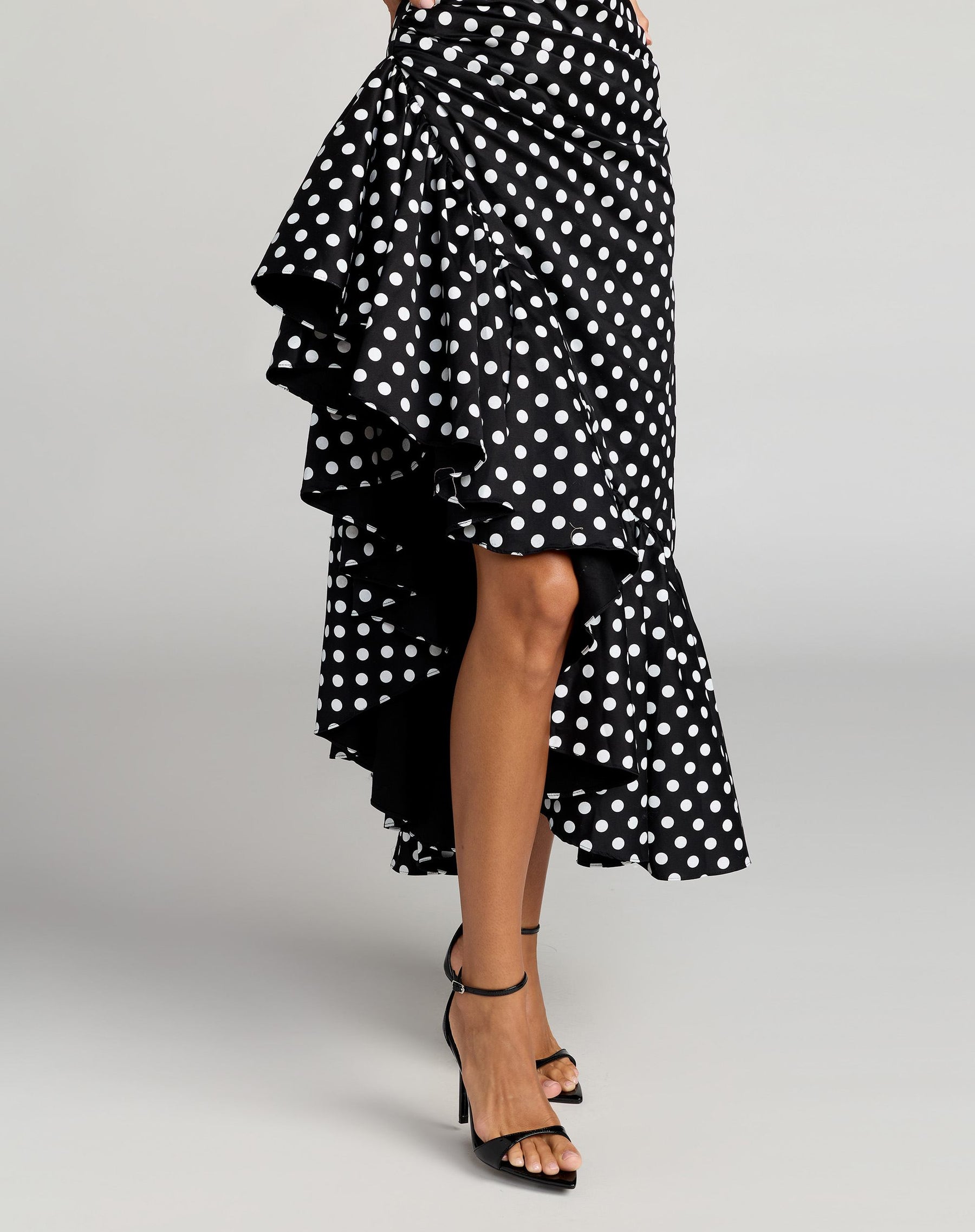 Black Ivory Square Neck High-Low Polka Dot Cocktail Dress with Ruffled Skirt Mac Duggal 27780