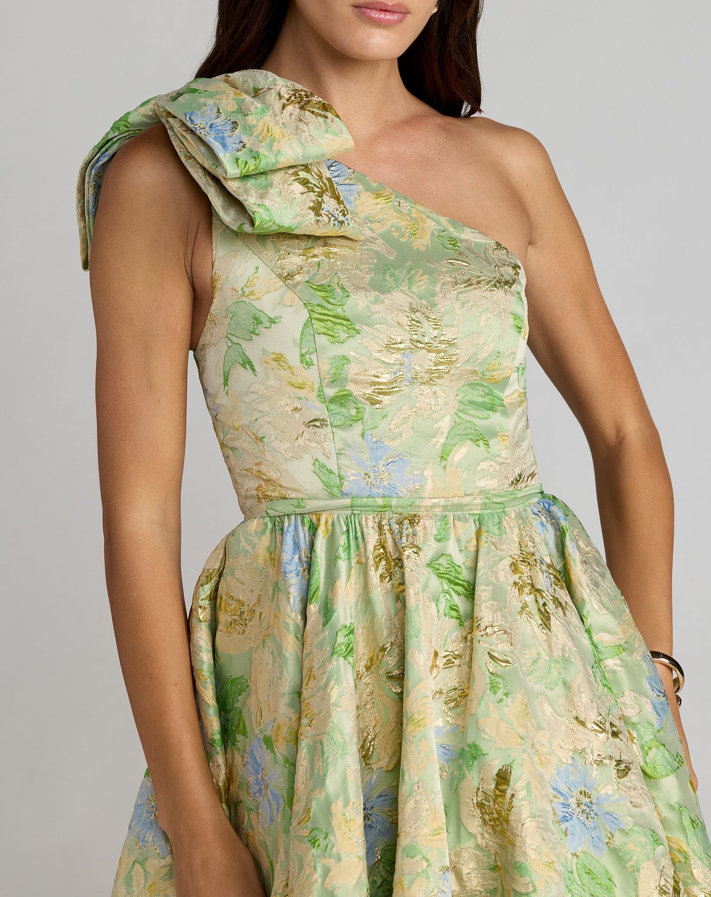 Green Multi One-Shoulder Tea-Length Embroidered Silk Gala Ball Gown Mac Duggal 69160