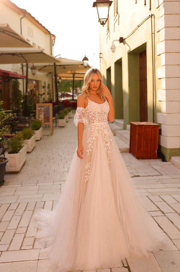 Floral Lace Applique Long A Line Wedding Dress Amarra 84226
