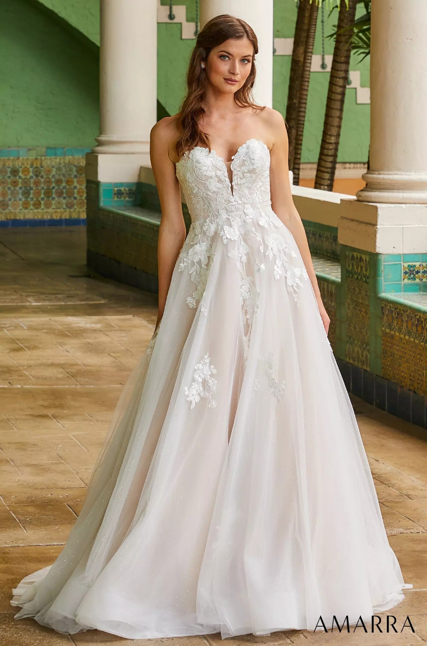 Wedding Dresses Floral Lace A Line Bridal Long Wedding Dress Amarra 84389 Ivory/Nude