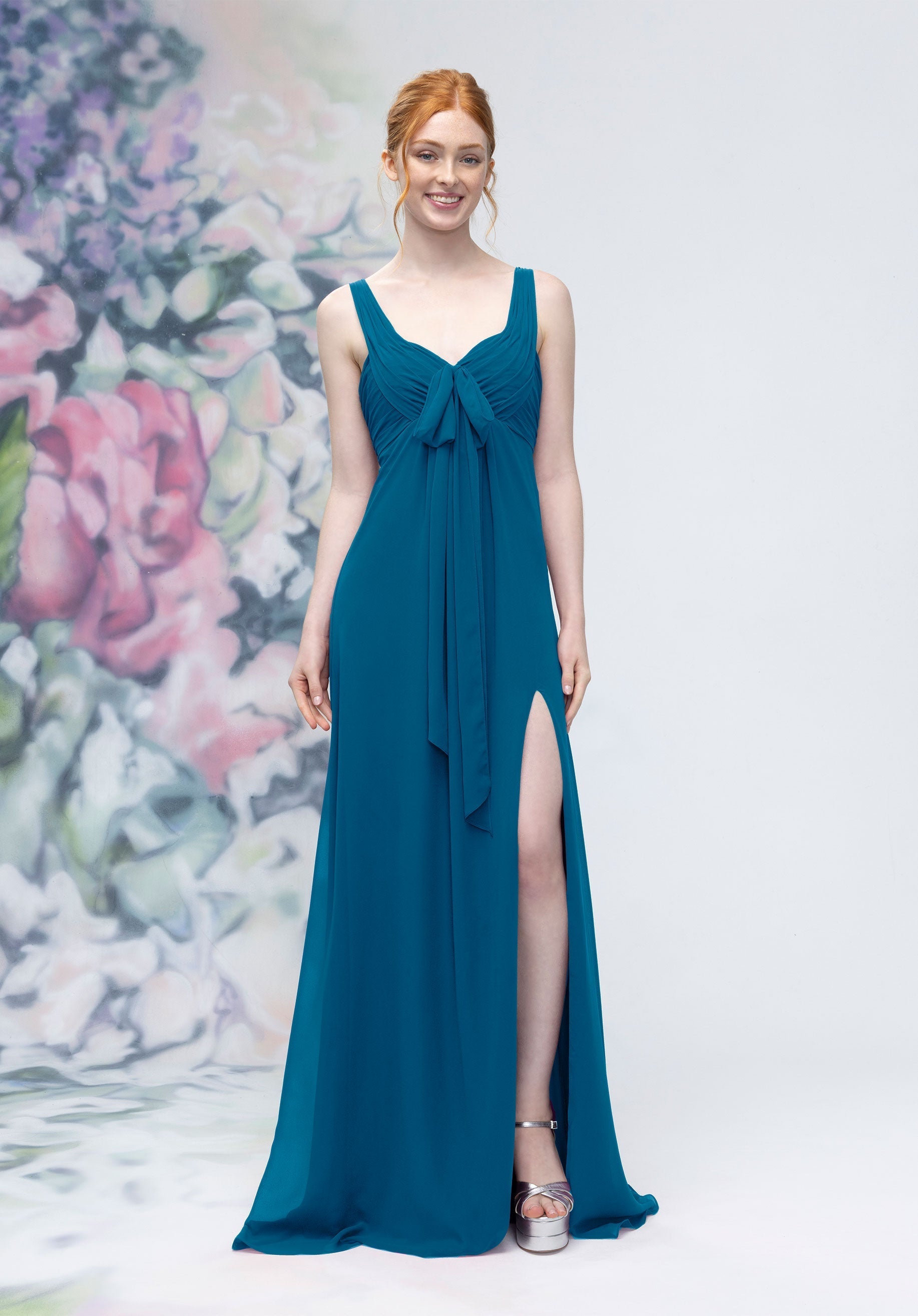 Formal Dresses A Line Long Formal Slit Dress Marine-Chiffon-3030009-Pleated
