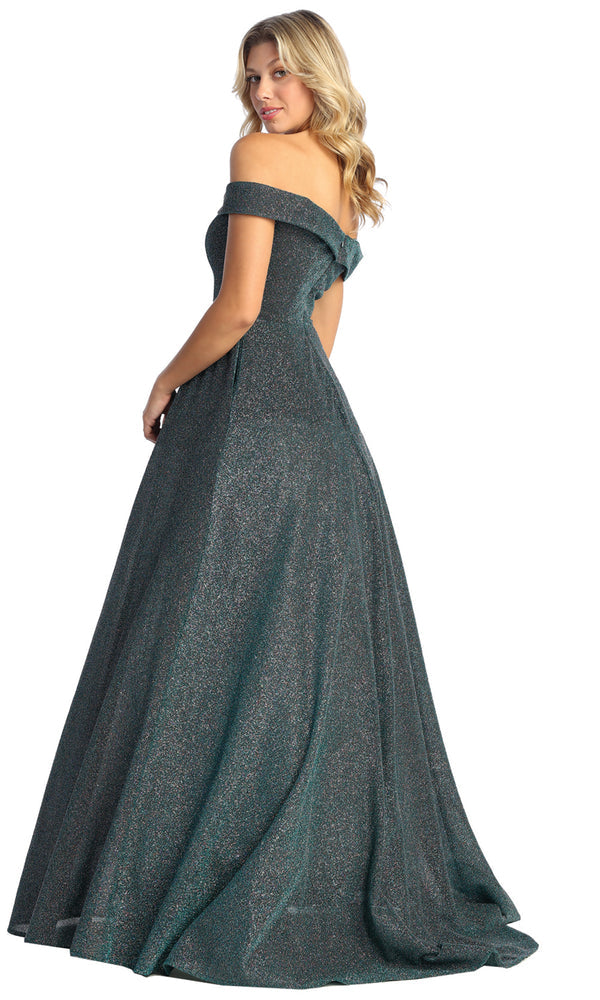 Hunter Green Off-the-Shoulder Floor-Length Glitter Prom Dress A-Line May Queen MQ1915