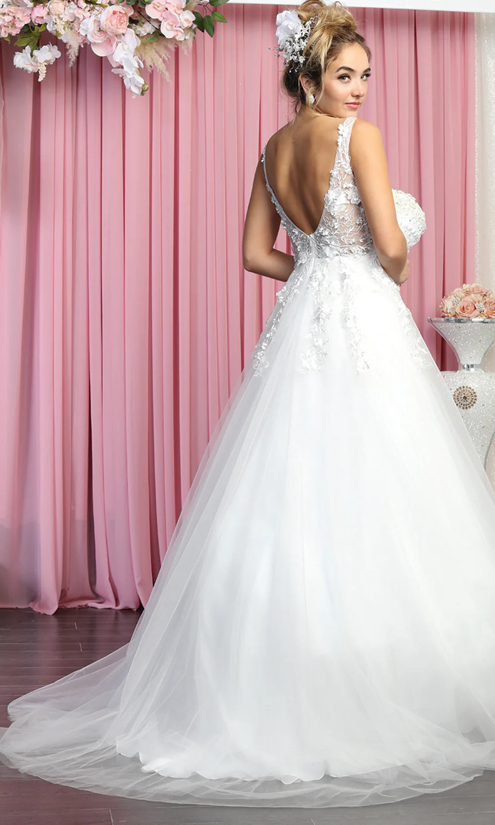 V-Neck Floor-Length with Train Tulle Wedding Dress A-Line May Queen RQ7902