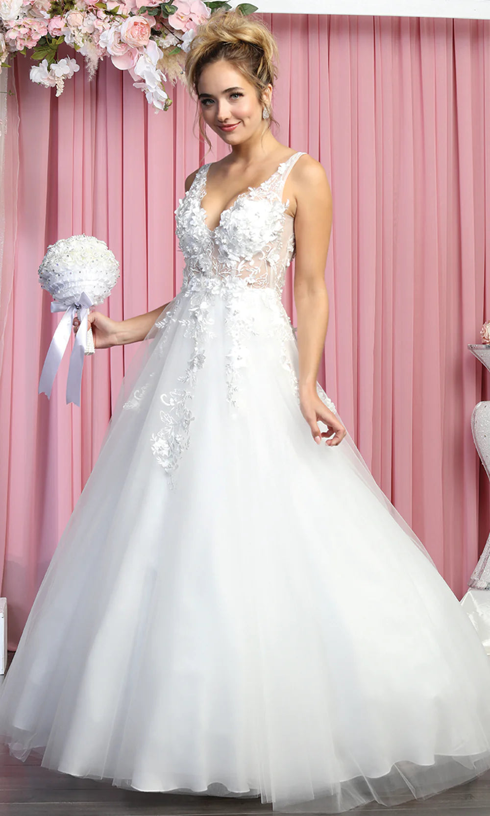 V-Neck Floor-Length with Train Tulle Wedding Dress A-Line May Queen RQ7902