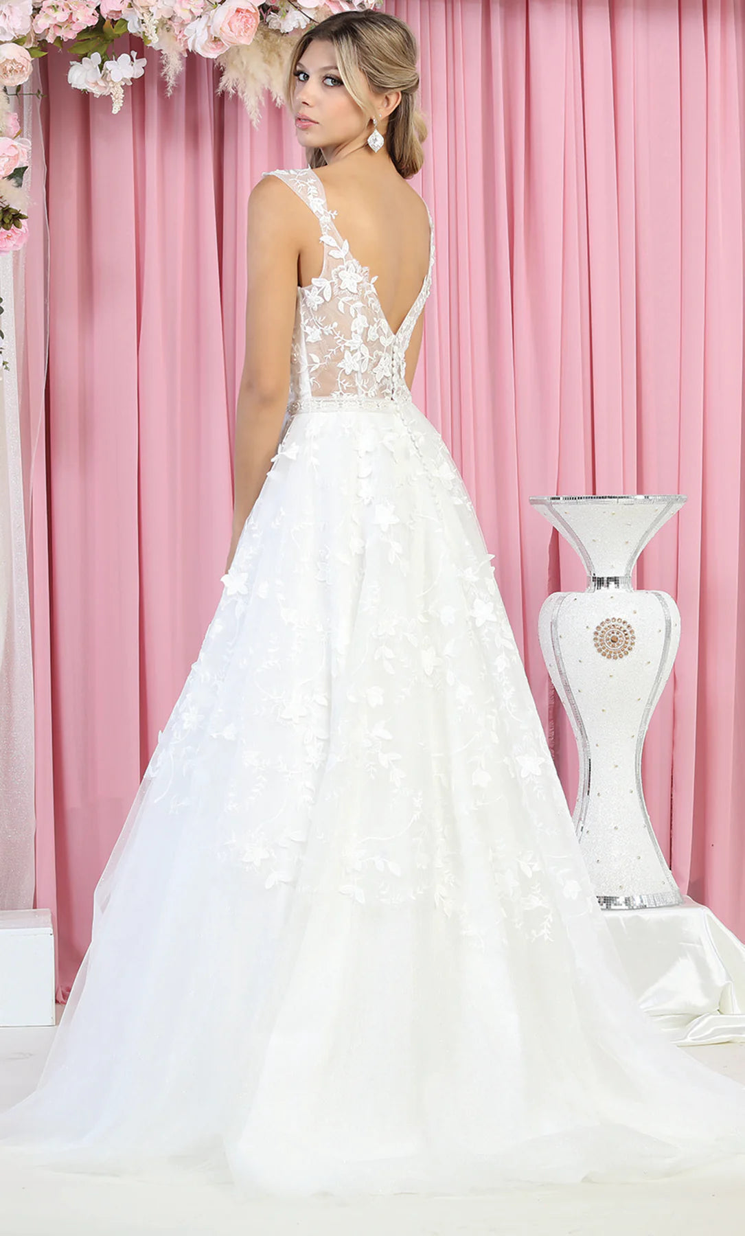 V-Neck Floor-Length Tulle Wedding Dress A-Line May Queen RQ7926