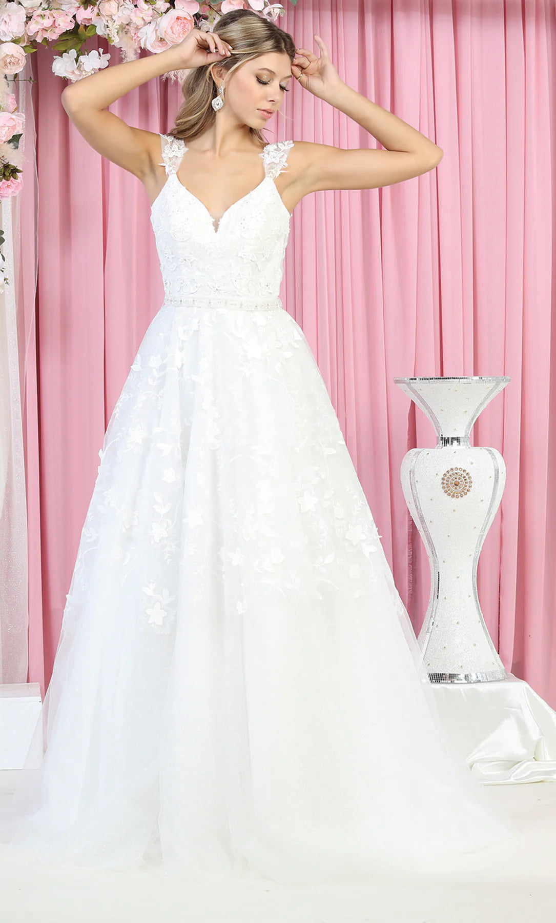 V-Neck Floor-Length Tulle Wedding Dress A-Line May Queen RQ7926