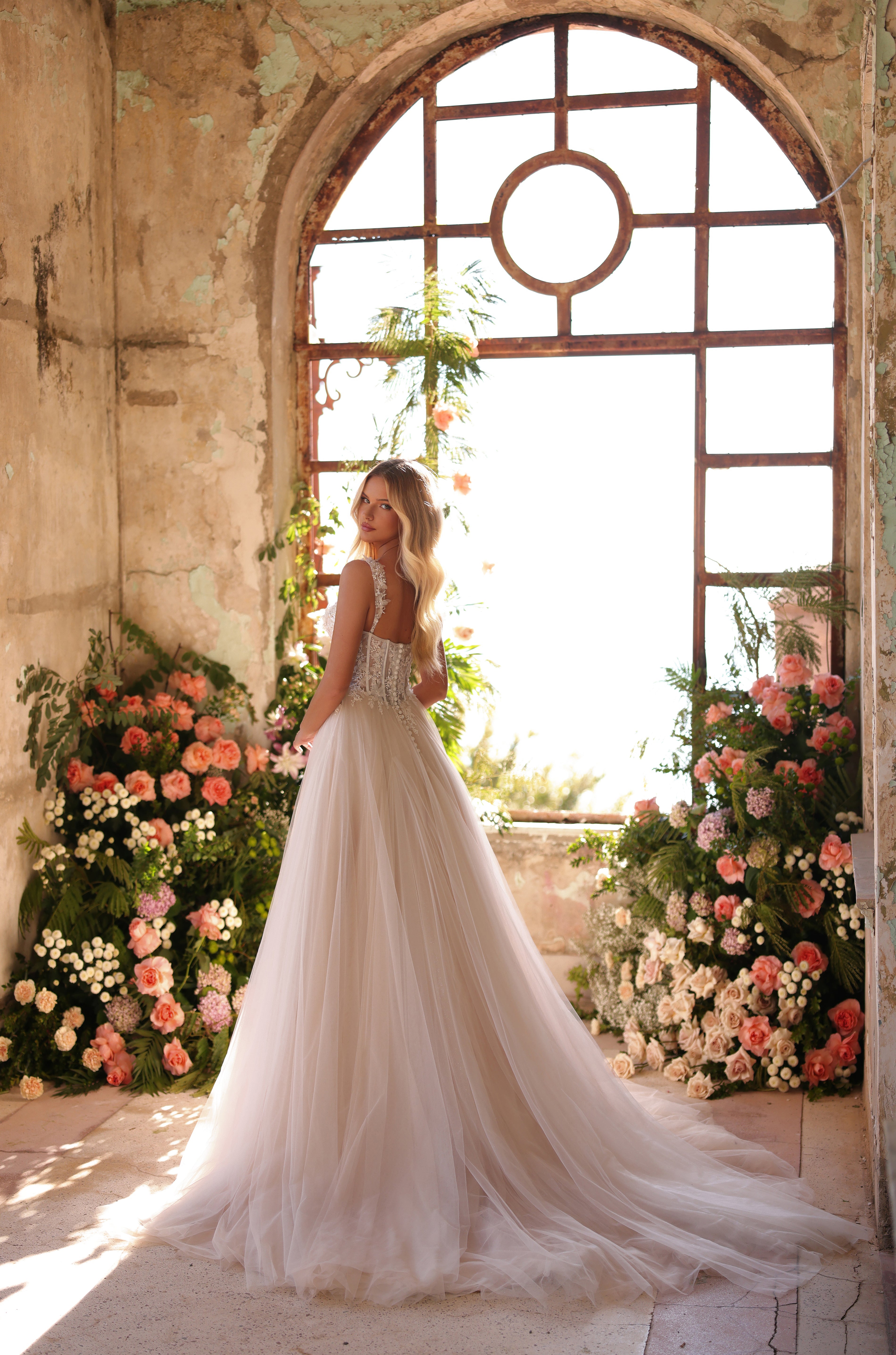 Wedding Dresses Slit Corset Long Lace Wedding Dress Amarra 89105 Ivory/Nude