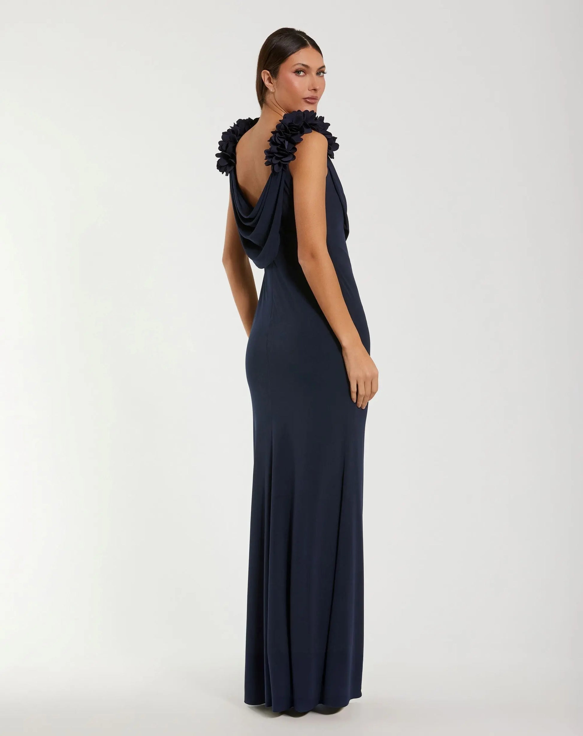 Long Fitted Formal Gown - 3D Floral - Mac Duggal 56195 Midnight-Jersey-56195-Cowl