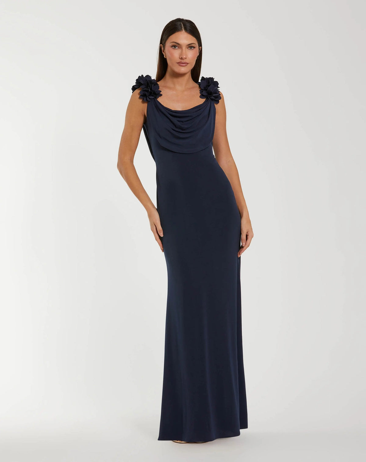 Long Fitted Formal Gown - 3D Floral - Mac Duggal 56195 Midnight-Jersey-56195-Cowl