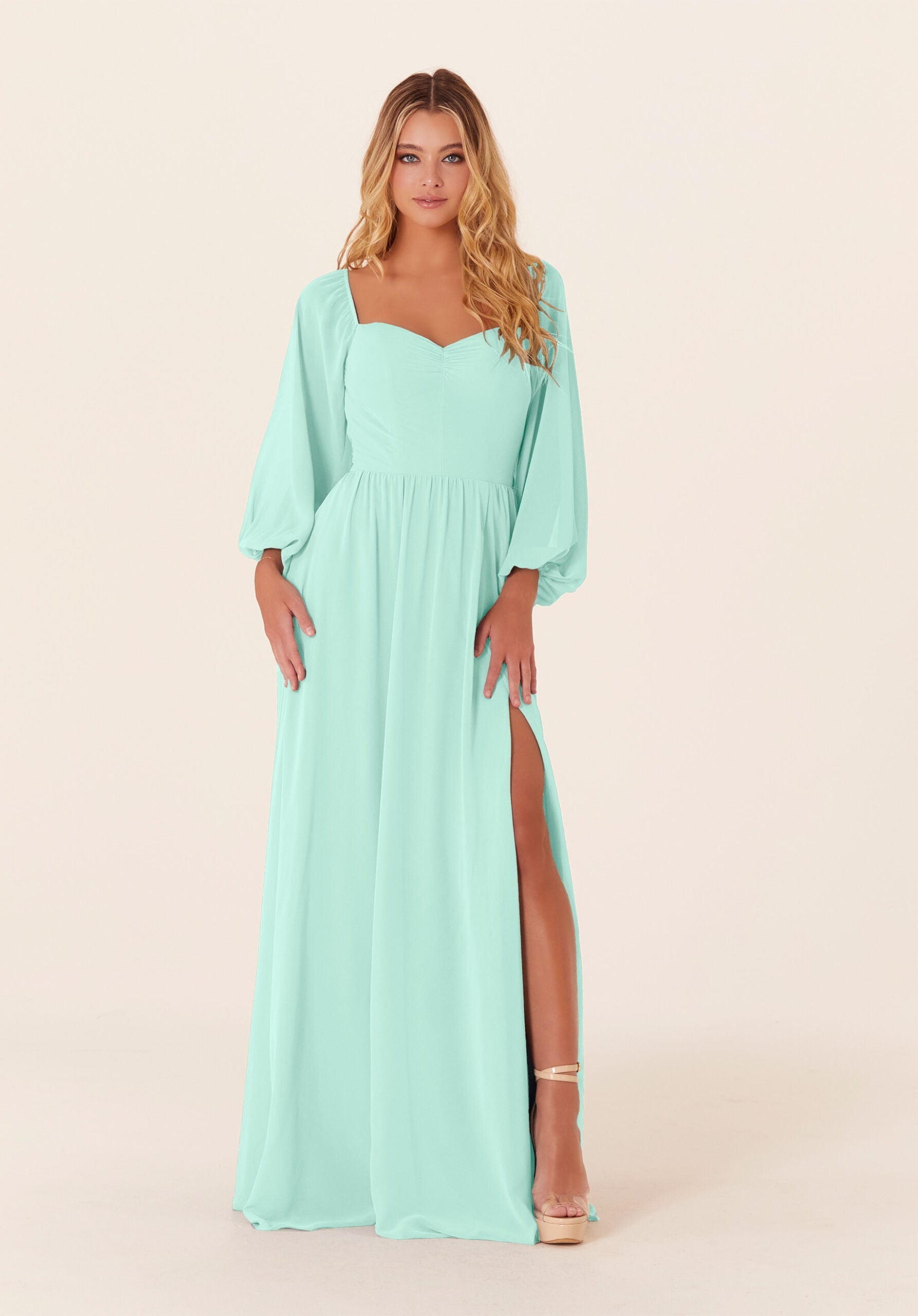 Mother of the Bride Dresses A Line Long Sleeve Mother of the Bride Dress Mint-Chiffon-21830-Pleated