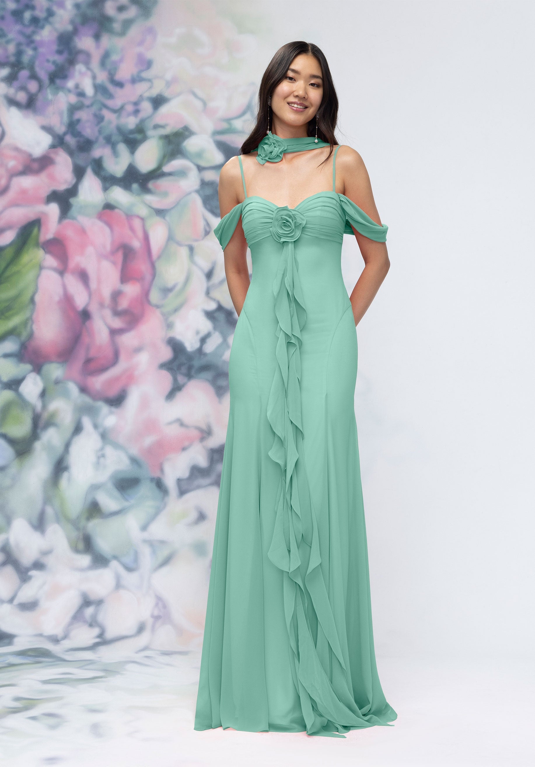 Formal Dresses Floral Formal Long Ruffle Dress Mint-Chiffon-3030000-Ruffle