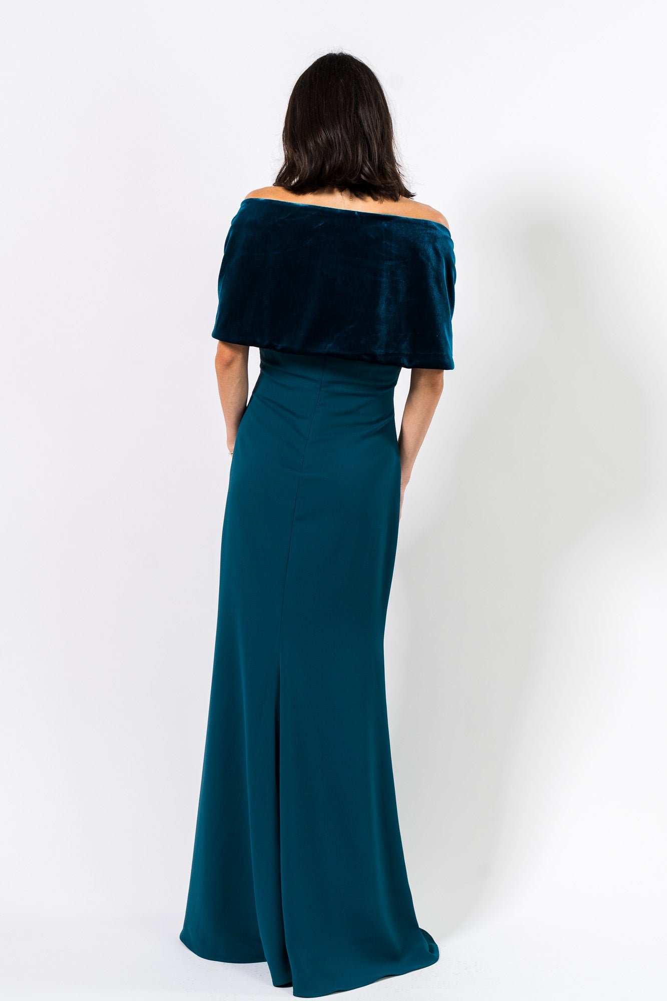 Teal Off-the-Shoulder Floor-Length Velvet and Crepe Formal Drape Cape Column Gown Badgley Mischka EG4599A