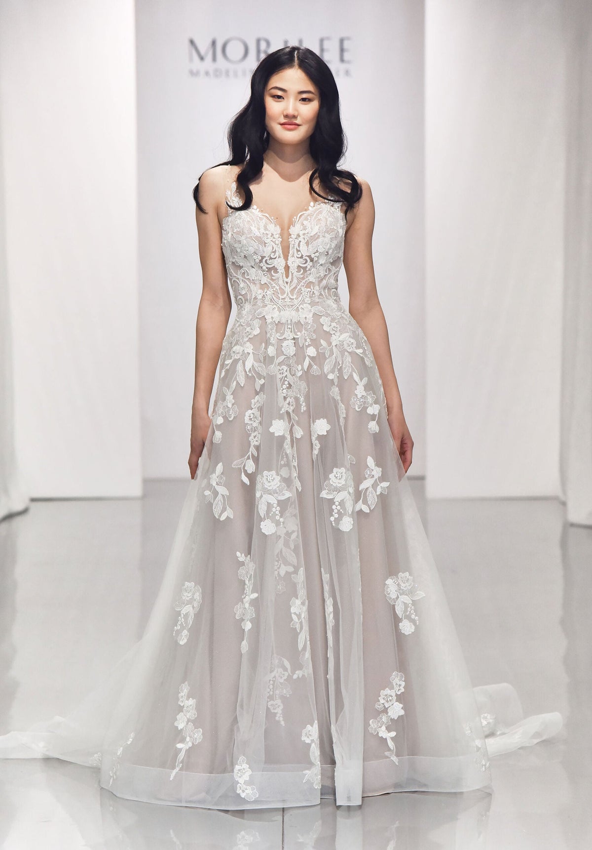 Wedding Dresses Long A Line Bridal Glitter Wedding Dress MGNY Madeline Gardner New York 2306 Ivory/Cappuccino/Honey