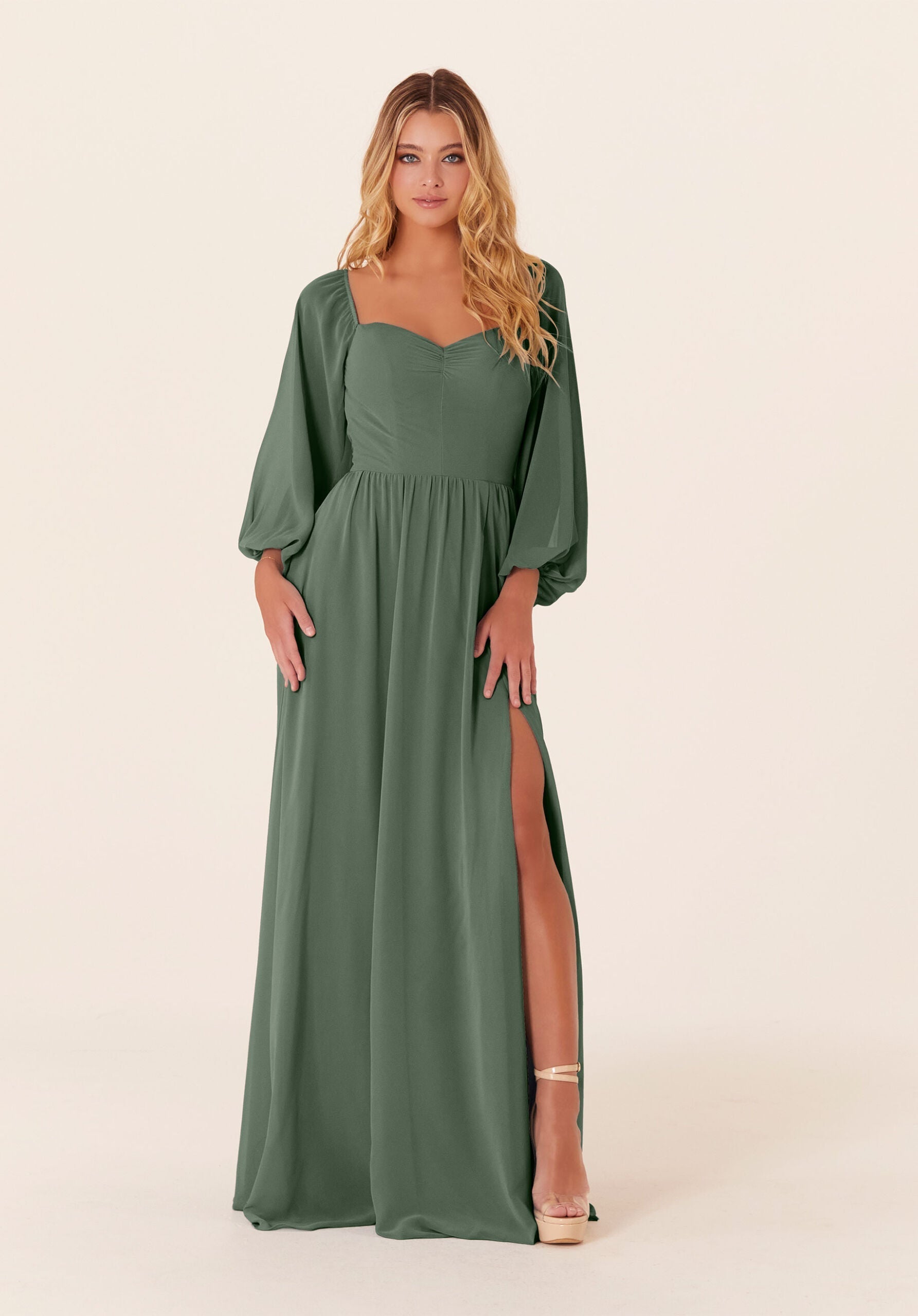 Mother of the Bride Dresses A Line Long Sleeve Mother of the Bride Dress Moss-Chiffon-21830-Pleated