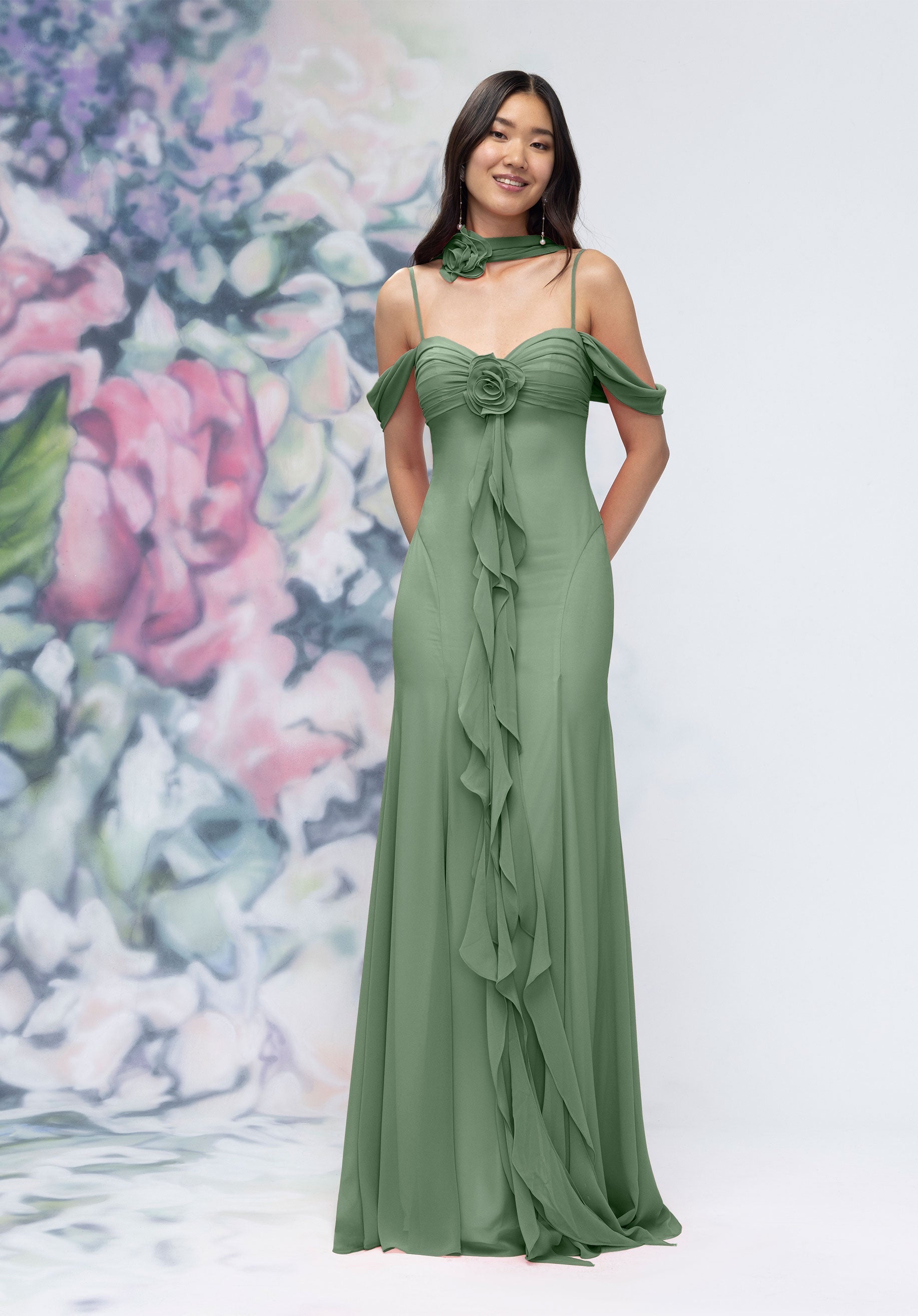 Formal Dresses Floral Formal Long Ruffle Dress Moss-Chiffon-3030000-Ruffle