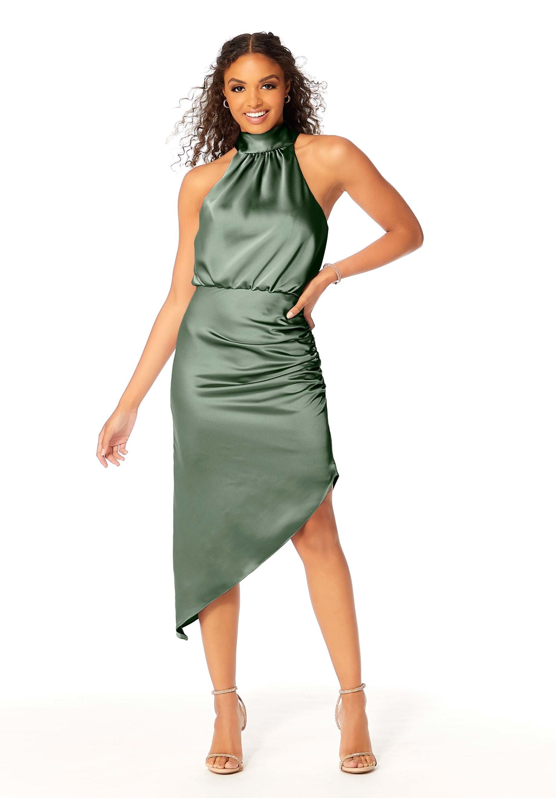 Cocktail Dresses Short High Low Mini Cocktail Dress Moss-Satin-21801-Fitted