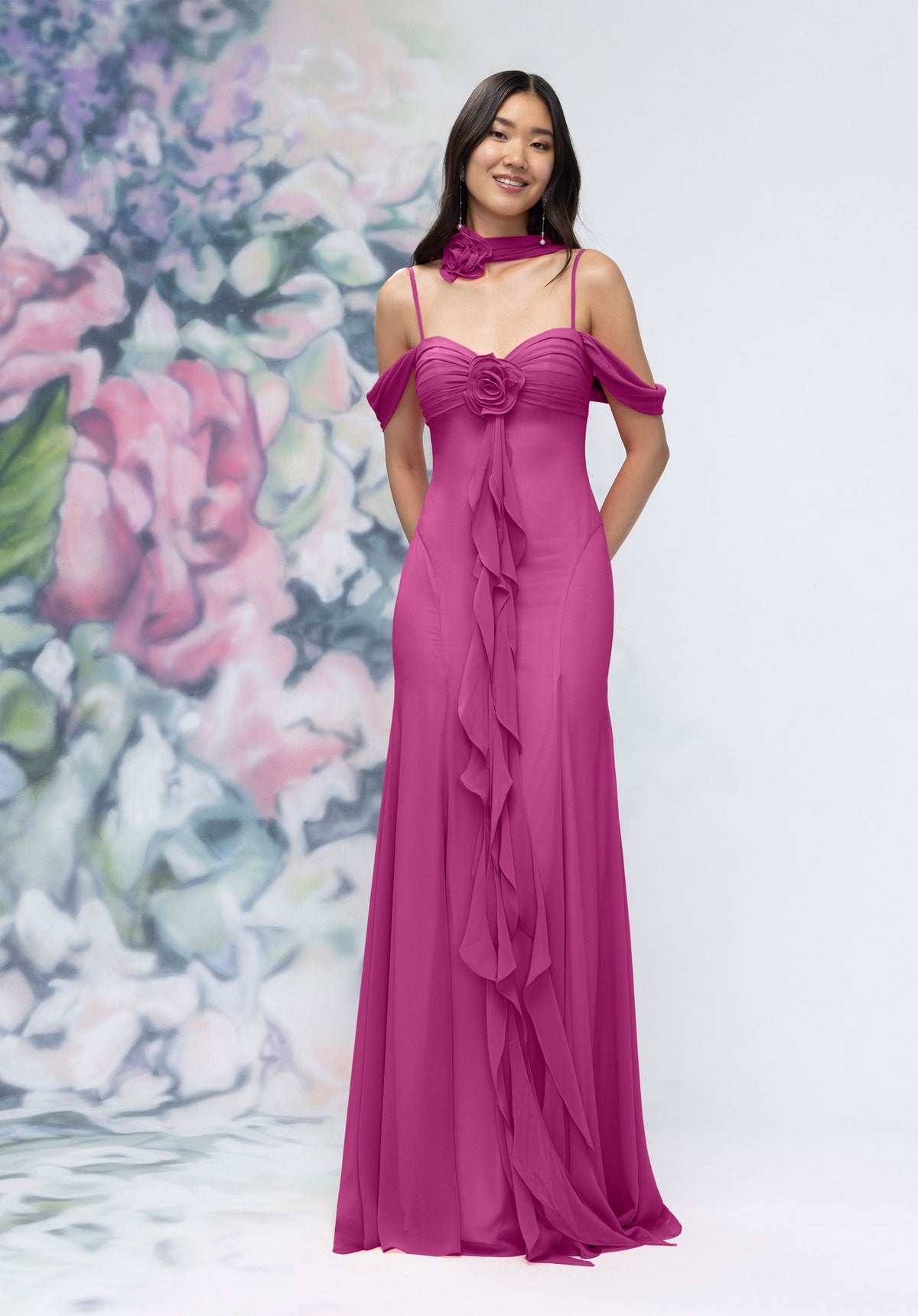 Formal Dresses Ruffle Floral Formal Long Dress Mulberry-Chiffon-3030000-Ruffle