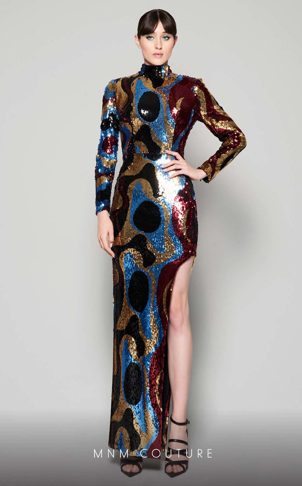 MNM Couture N0409 Fitted Long Sleeve Formal Sequin Evening Dress