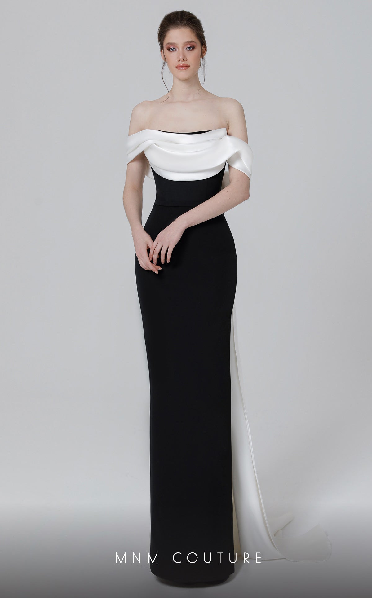 Off-Shoulder Long Colorblock Evening Gown by MNM Couture N0456 in Black/White