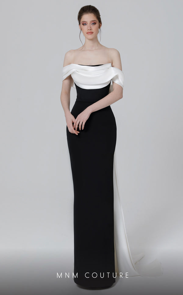 Off-Shoulder Long Colorblock Evening Gown by MNM Couture N0456