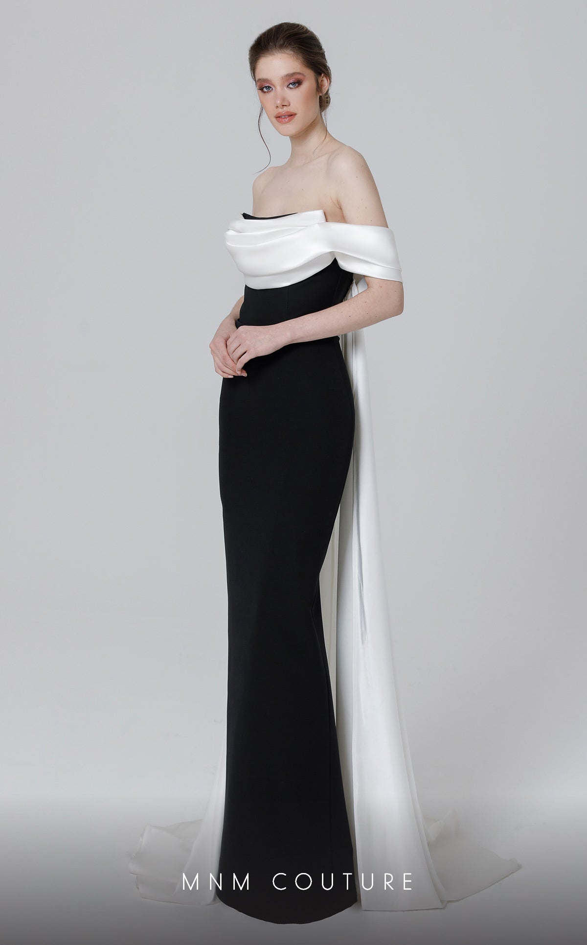 Off-Shoulder Long Colorblock Evening Gown by MNM Couture N0456 in Black/White