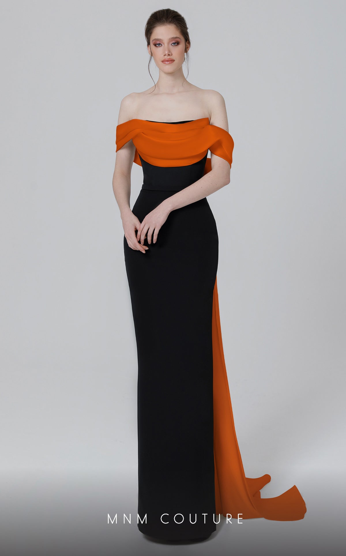 Off-Shoulder Long Colorblock Evening Gown by MNM Couture N0456 in Black/Orange