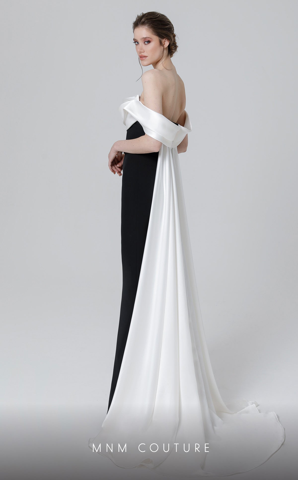 Off-Shoulder Long Colorblock Evening Gown by MNM Couture N0456 in Black/White