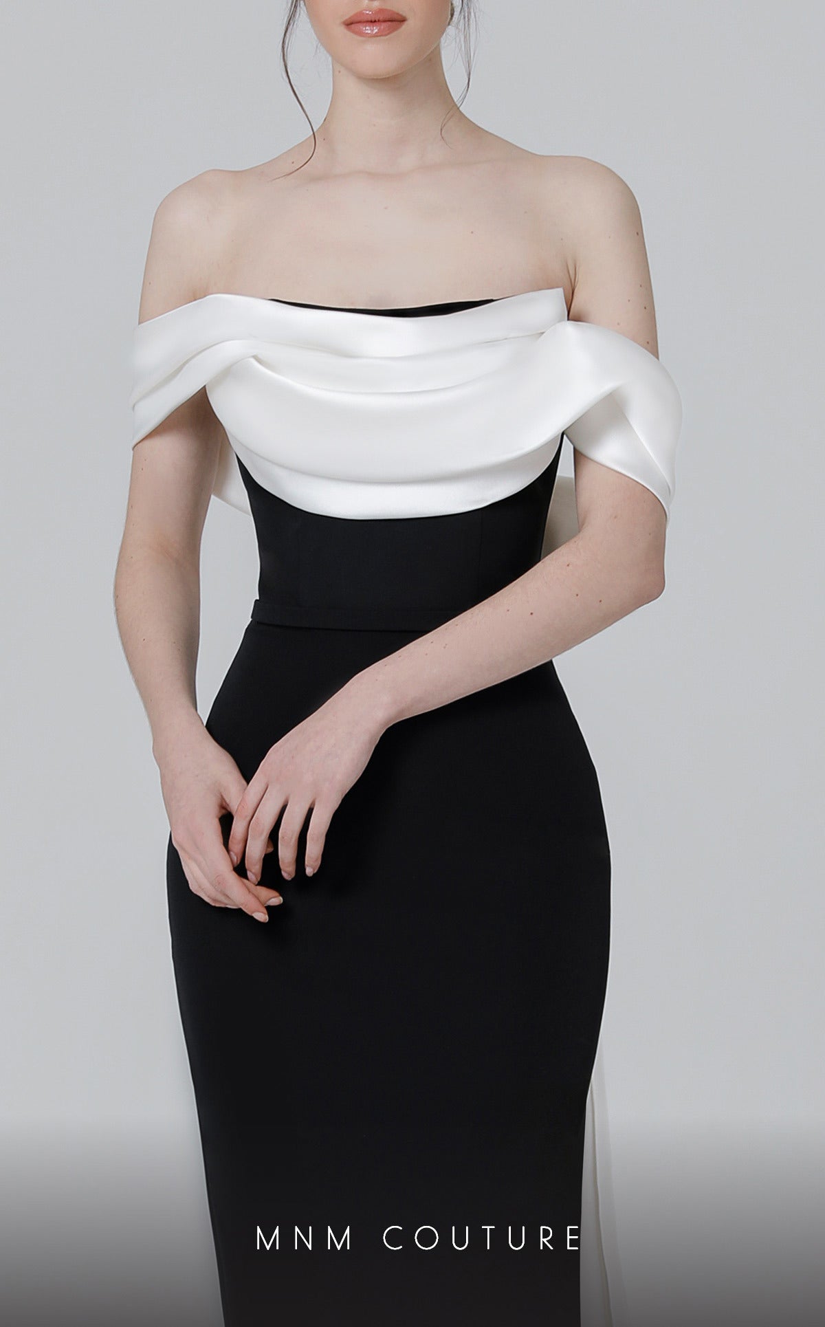 Off-Shoulder Long Colorblock Evening Gown by MNM Couture N0456 in Black/White