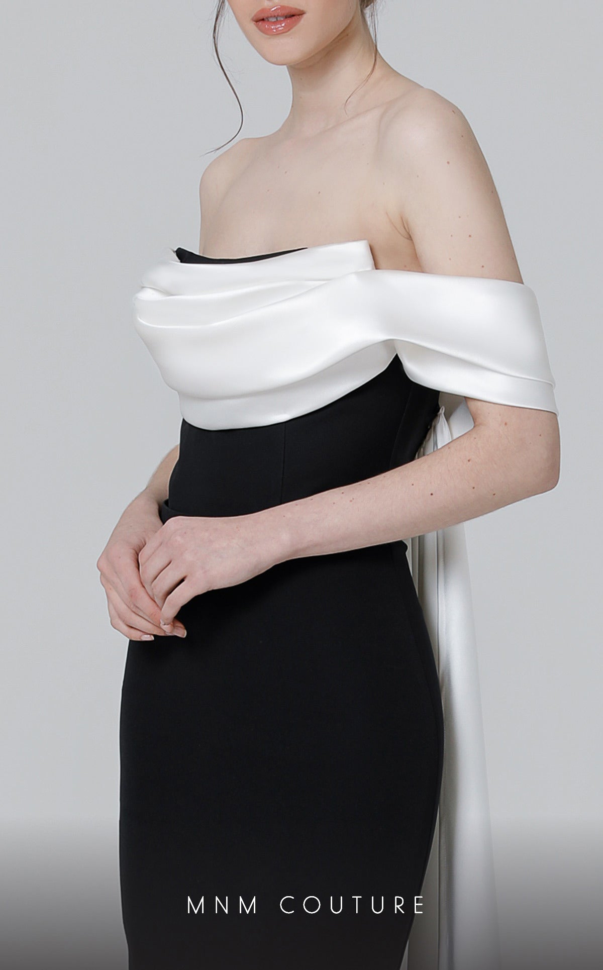 Off-Shoulder Long Colorblock Evening Gown by MNM Couture N0456 in Black/White