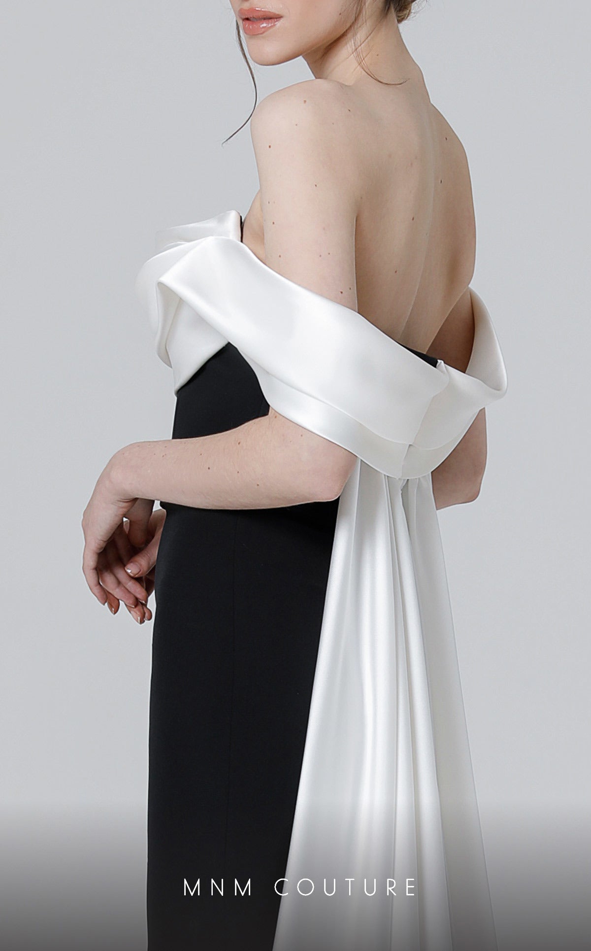 Off-Shoulder Long Colorblock Evening Gown by MNM Couture N0456 in Black/White