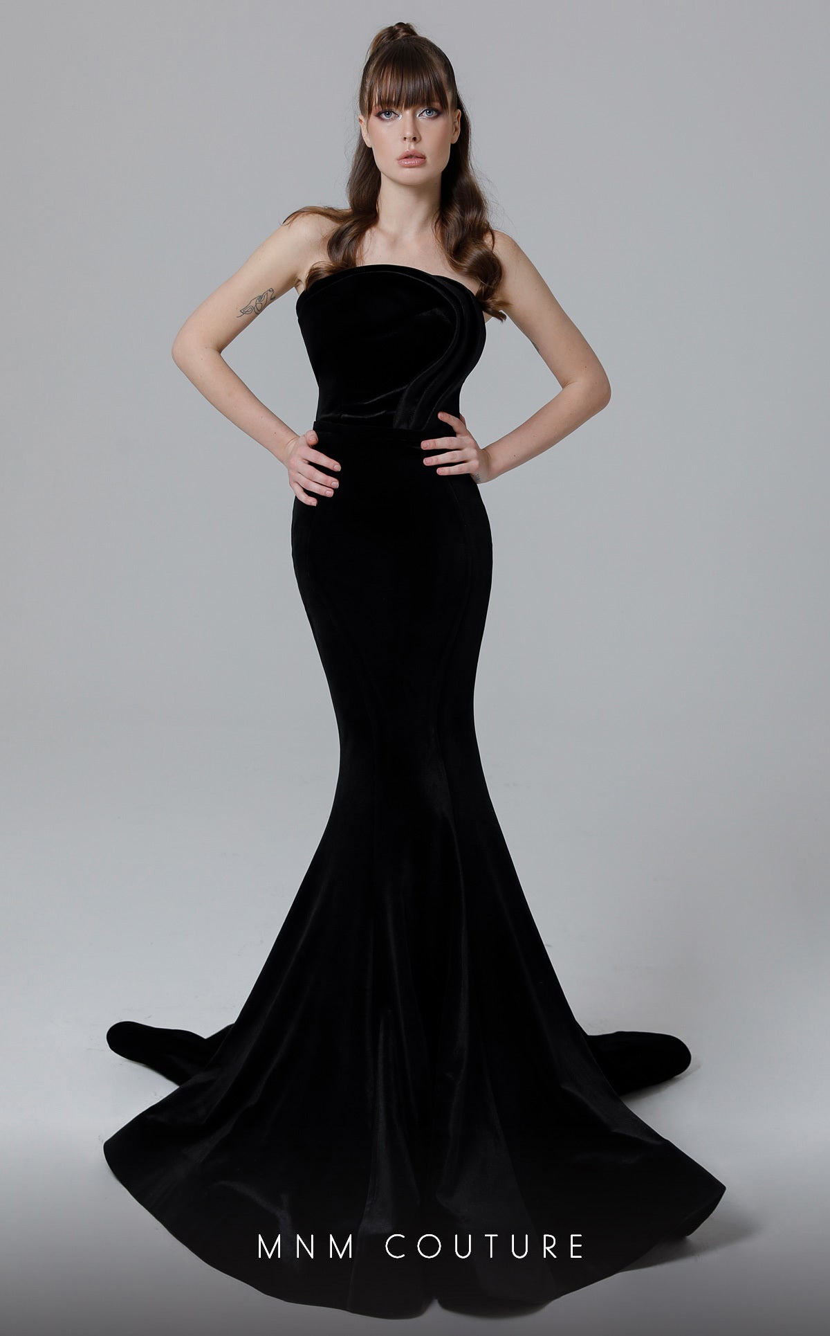 MNM Couture N0465 Fitted Long Formal Pleated Velvet Evening Dress