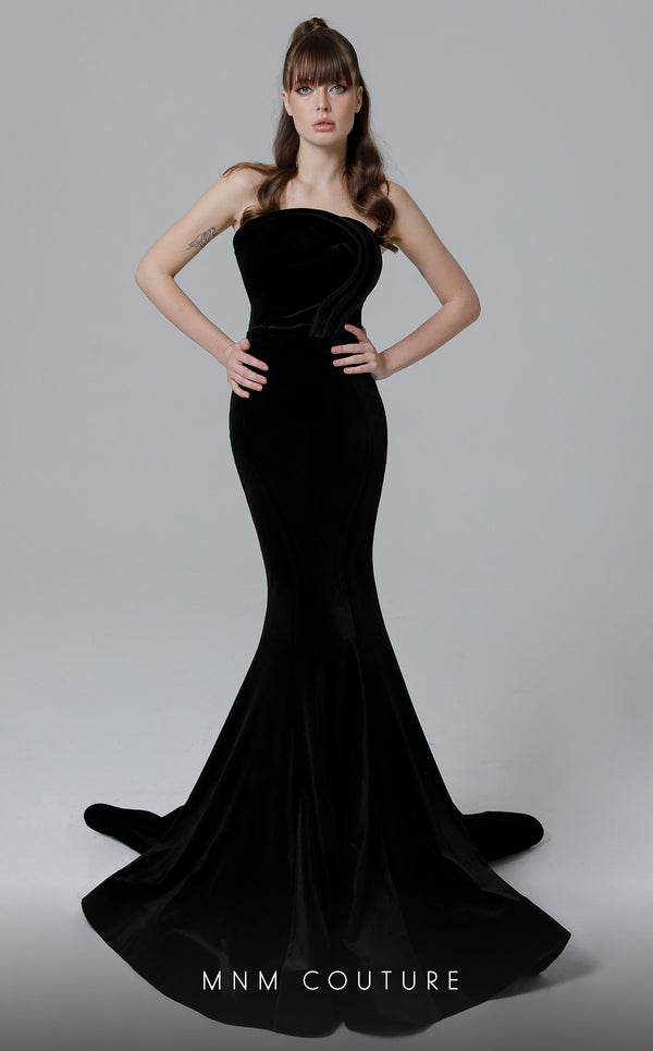 MNM Couture N0465 Fitted Long Formal Pleated Velvet Evening Dress