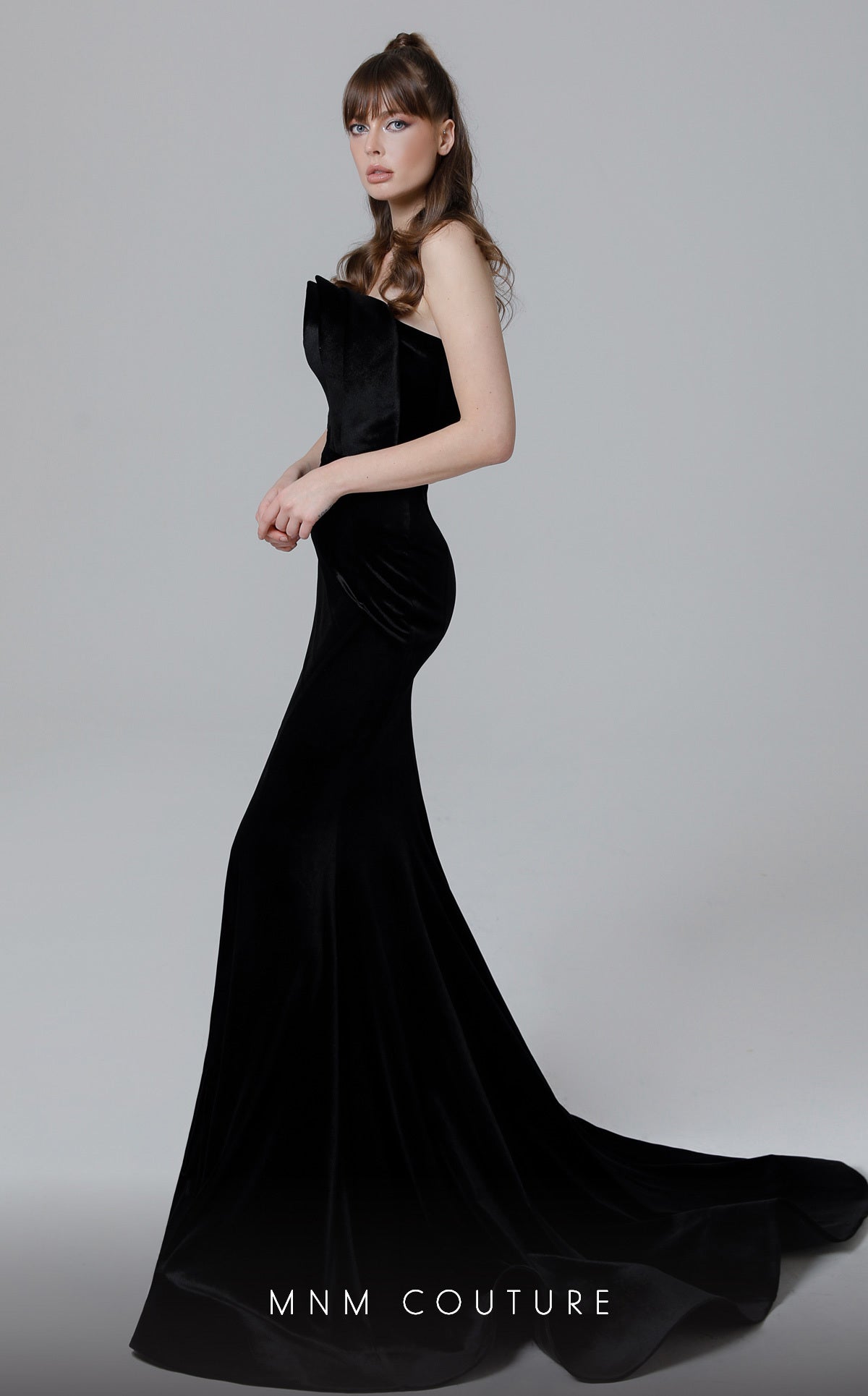 MNM Couture N0465 Fitted Long Formal Pleated Velvet Evening Dress