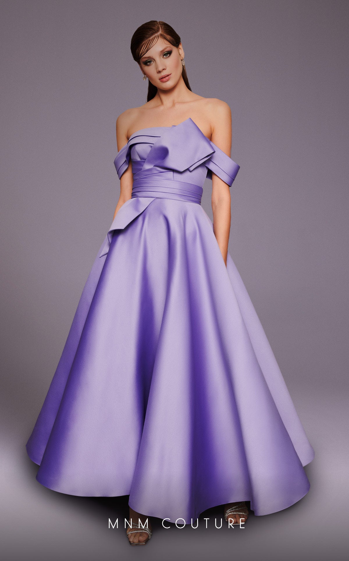 Off-the-Shoulder Tea-Length Satin Evening A-Line MNM Couture N0511