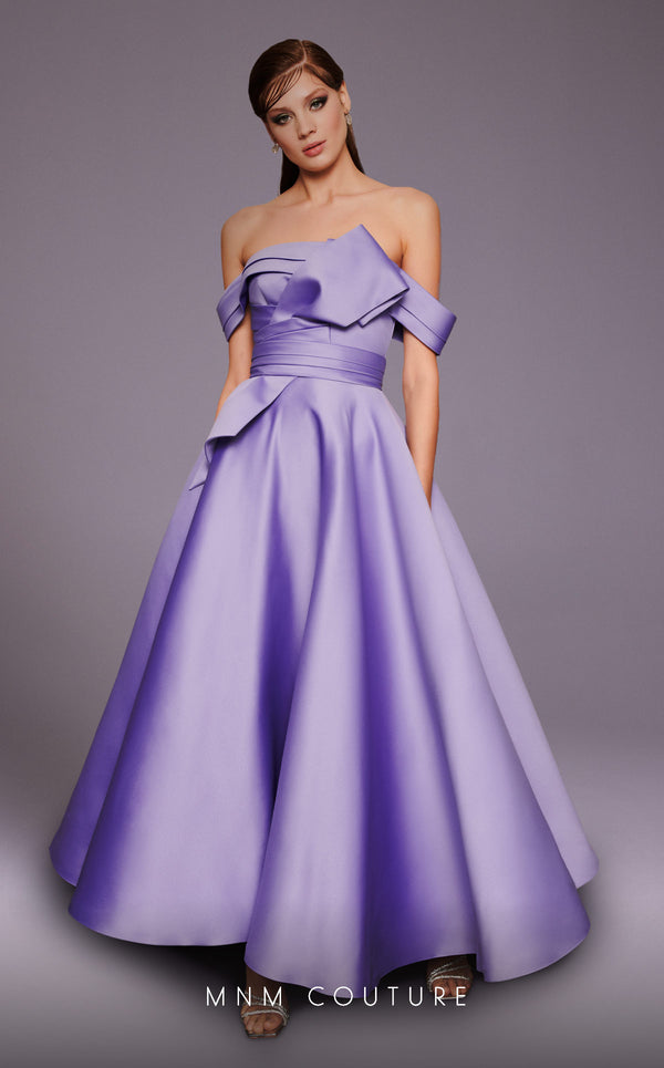 Off-the-Shoulder Tea-Length Satin Evening A-Line MNM Couture N0511