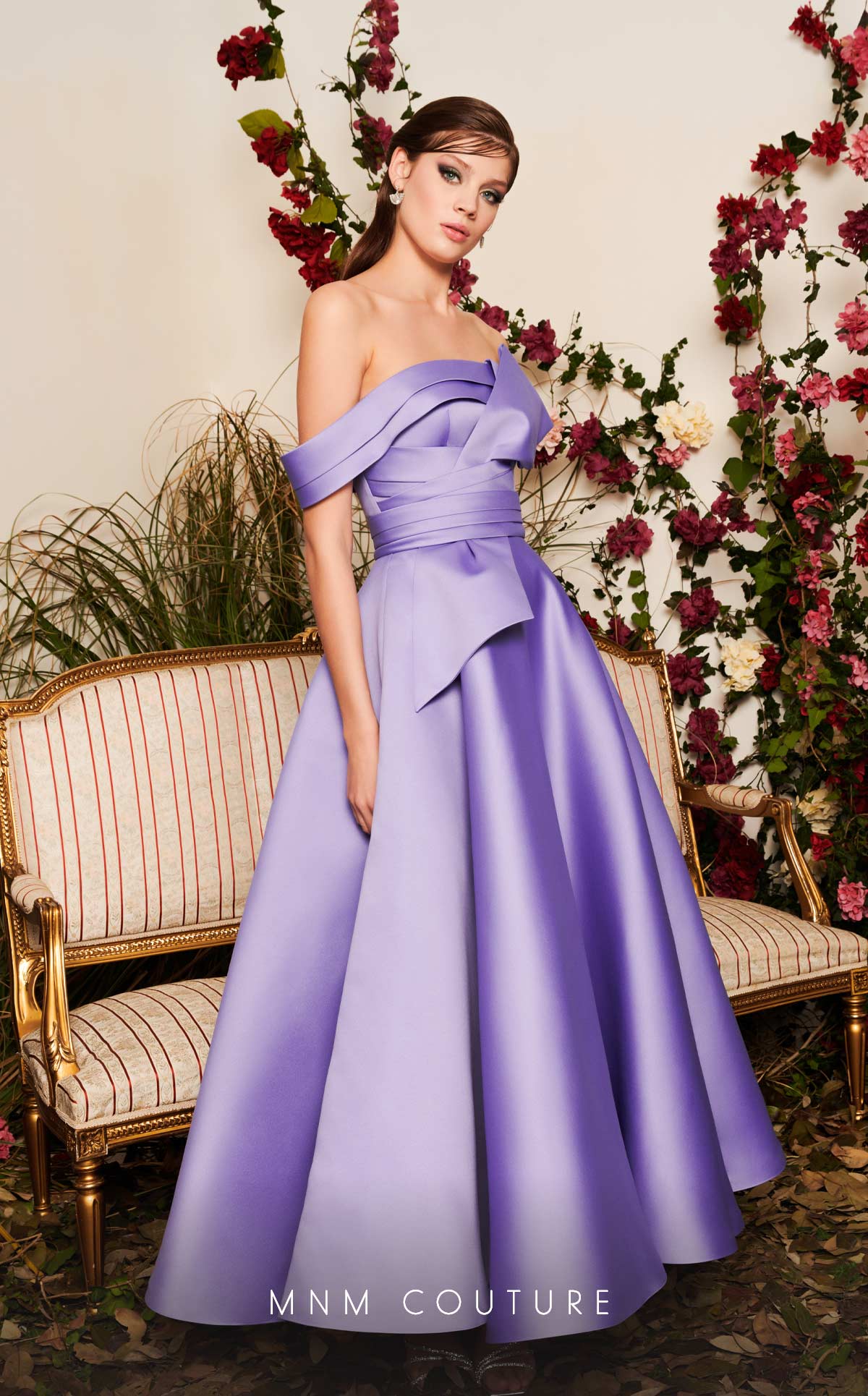 Off-the-Shoulder Tea-Length Satin Evening A-Line MNM Couture N0511