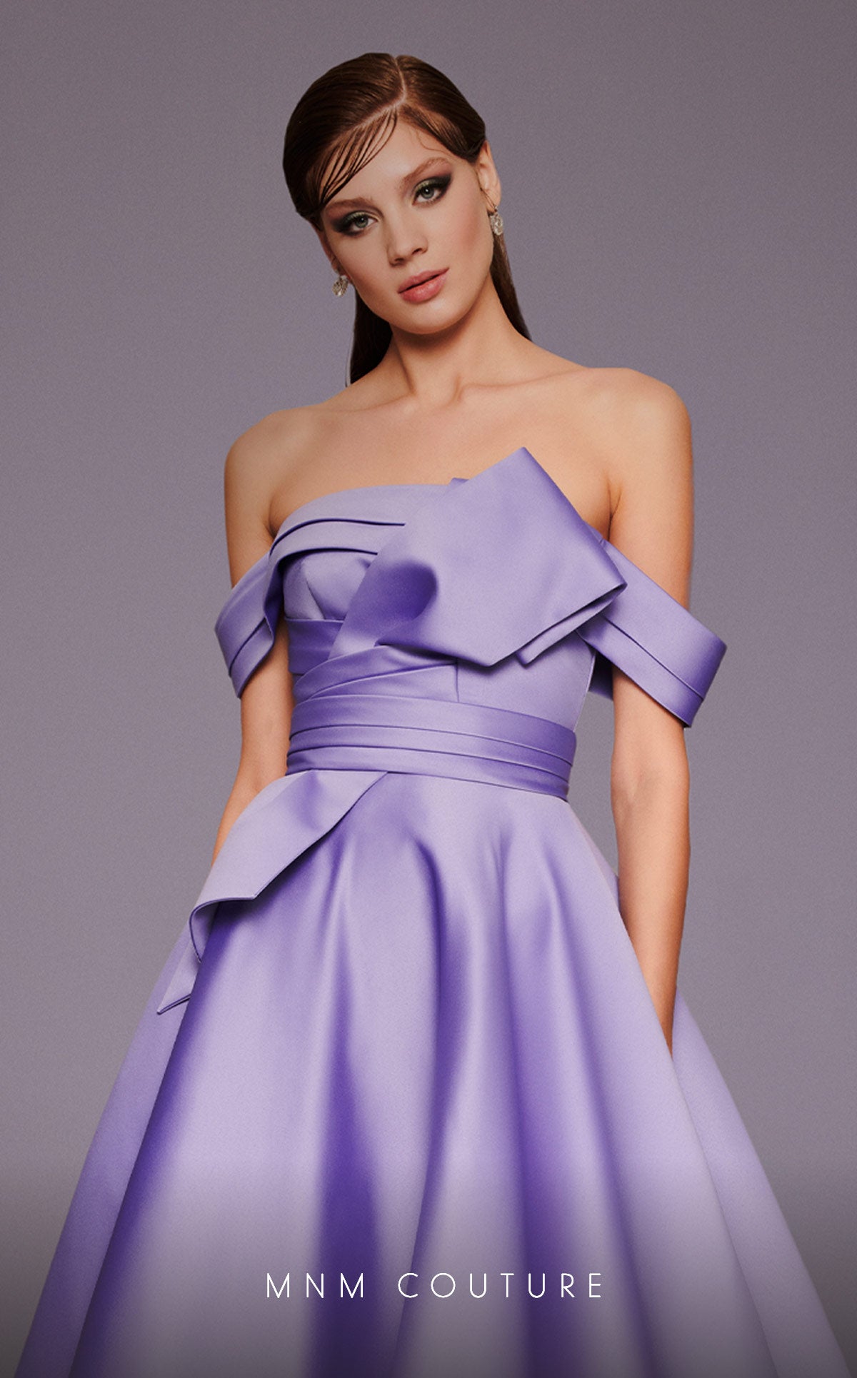 Off-the-Shoulder Tea-Length Satin Evening A-Line MNM Couture N0511