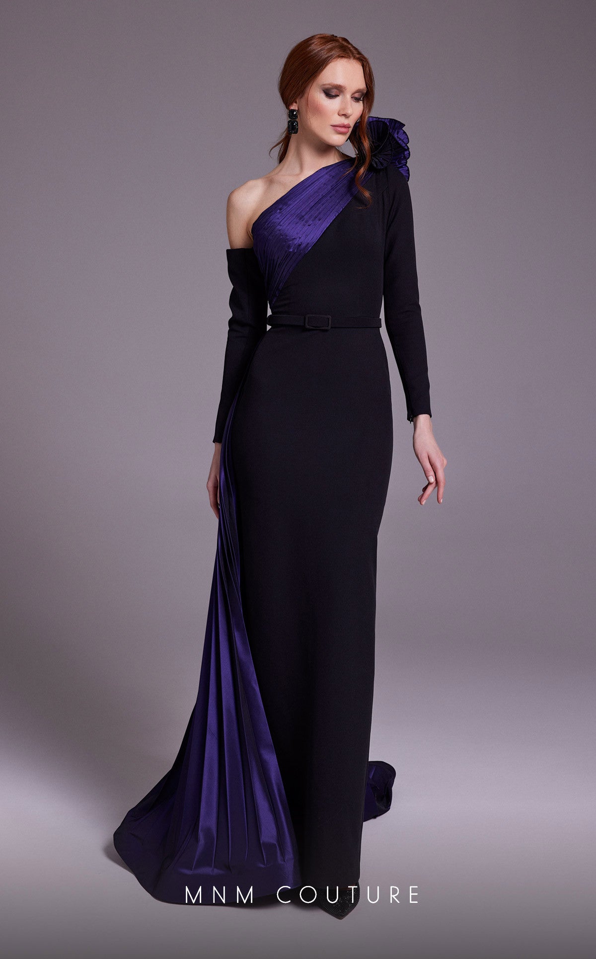 MNM Couture N0529 Long Pleated Formal Floral Metallic Evening Dress