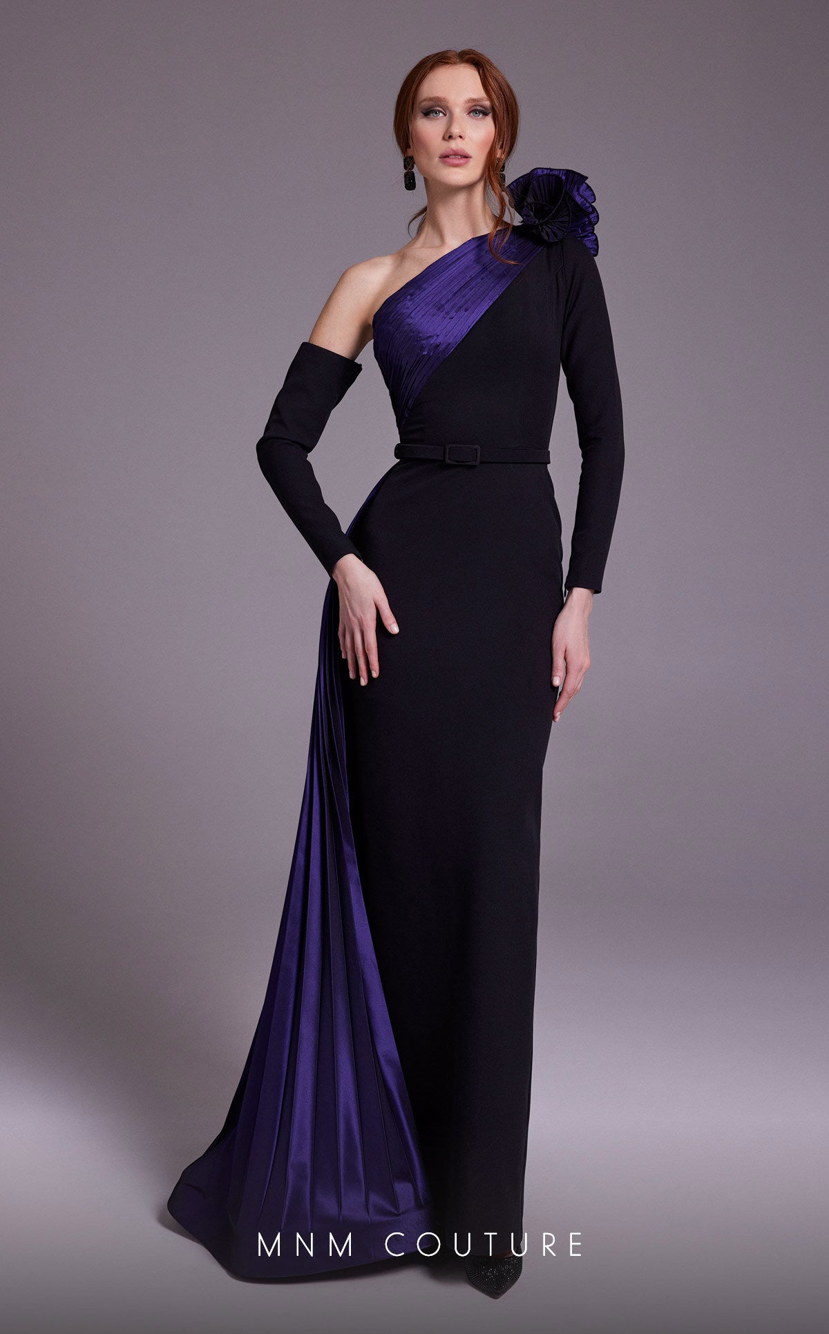 MNM Couture N0529 Long Pleated Formal Floral Metallic Evening Dress