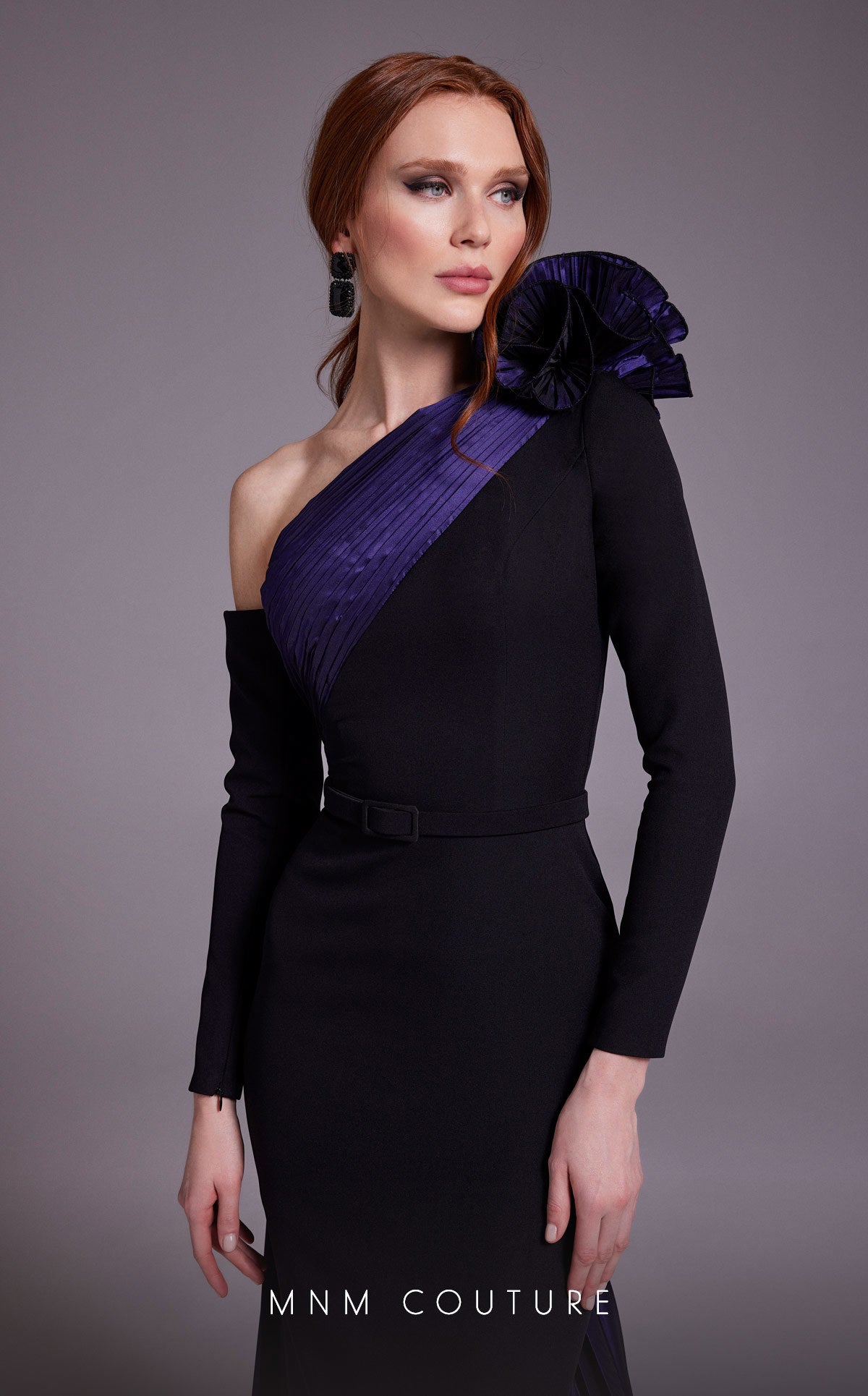 MNM Couture N0529 Long Pleated Formal Floral Metallic Evening Dress