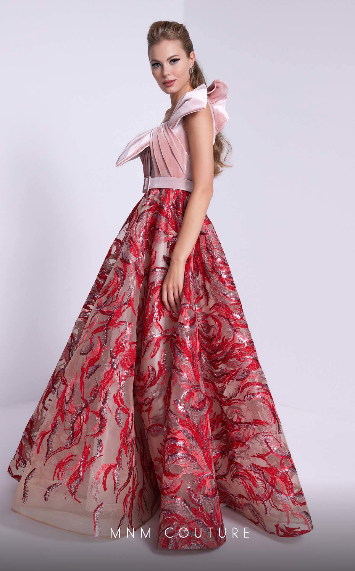 One-Shoulder Ball Gown Sequin Prom Dress by MNM Couture N0576 in Pink