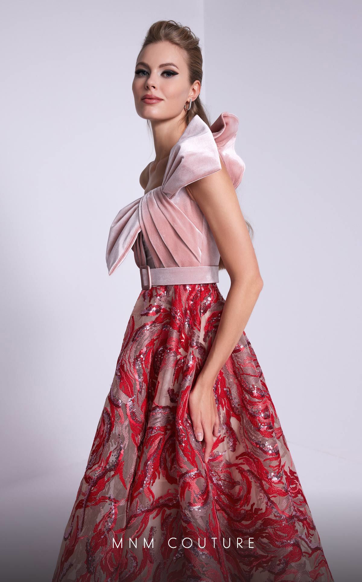One-Shoulder Ball Gown Sequin Prom Dress by MNM Couture N0576 in Pink