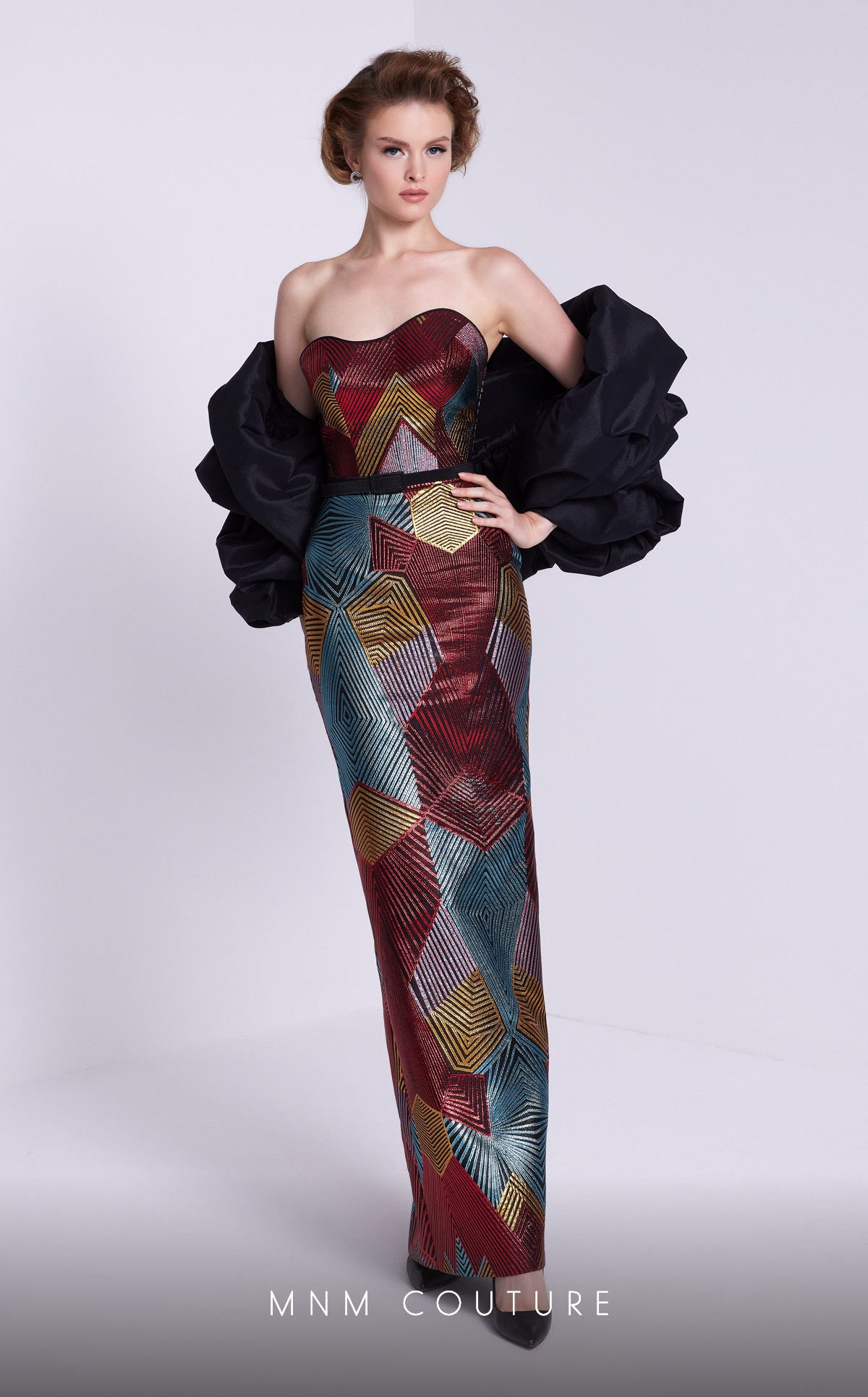 MNM Couture N0590 Fitted Long Formal Detachable Puff Sleeves Prom Dress