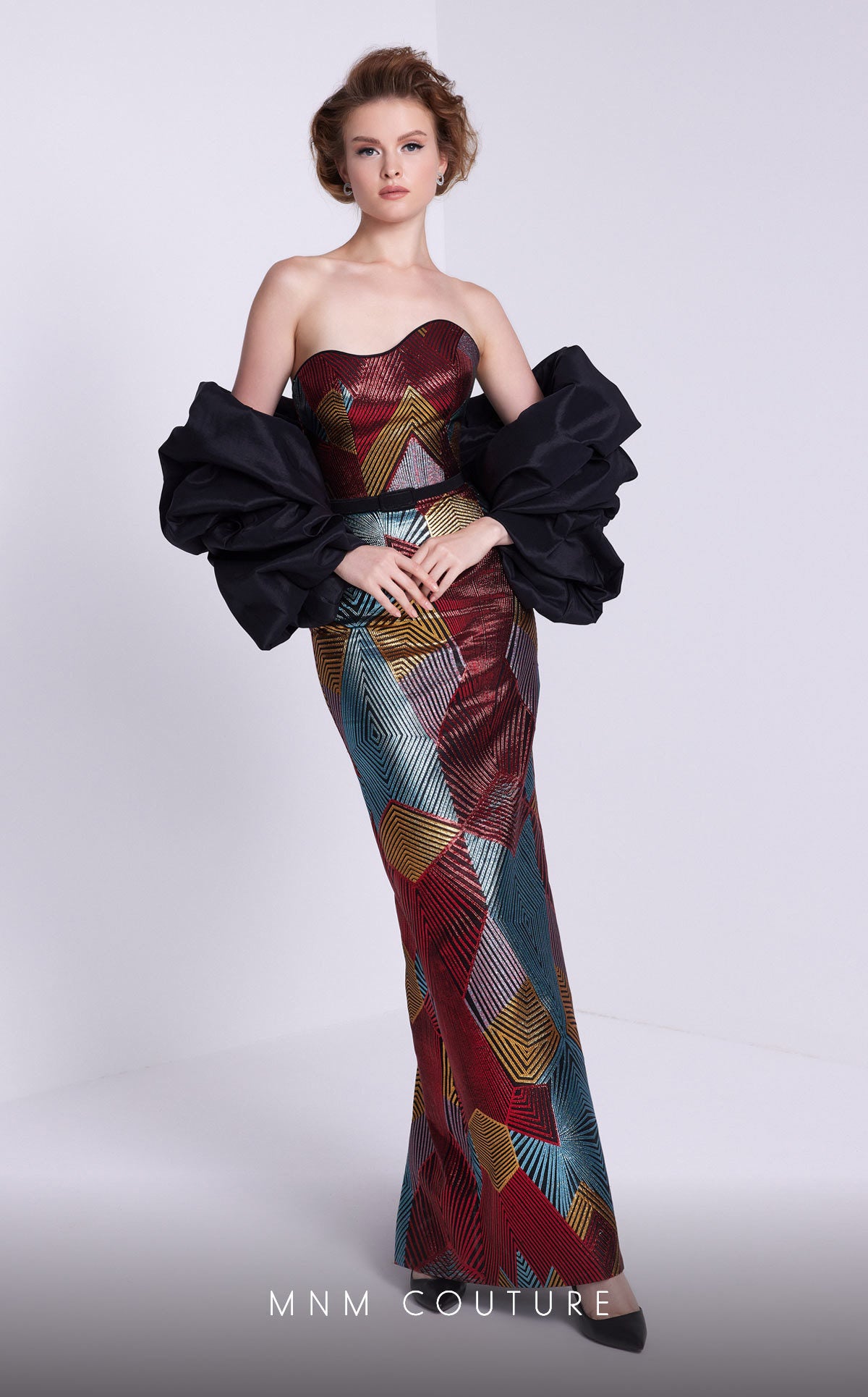 MNM Couture N0590 Fitted Long Formal Detachable Puff Sleeves Prom Dress